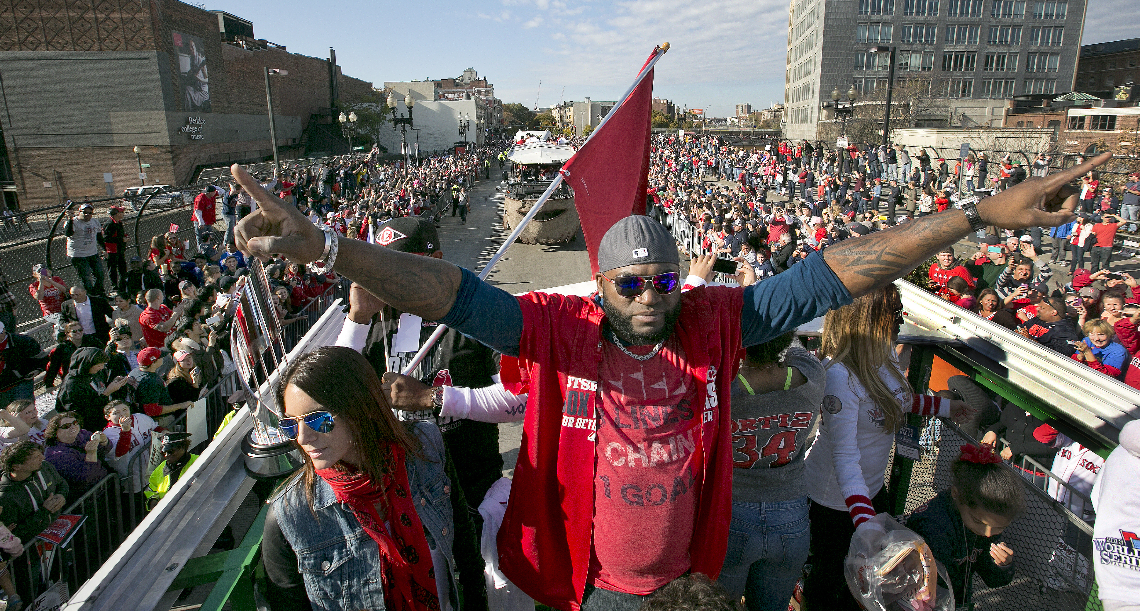 Ortiz, the World Series MVP, rides a duck boat along Boylston Street during the parade.
