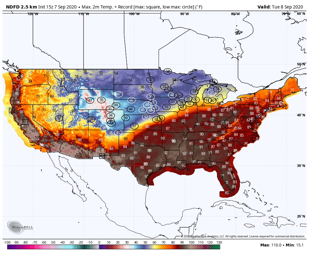 Tuesday afternoon will feature some record cold out west with widespread 90s in the east.