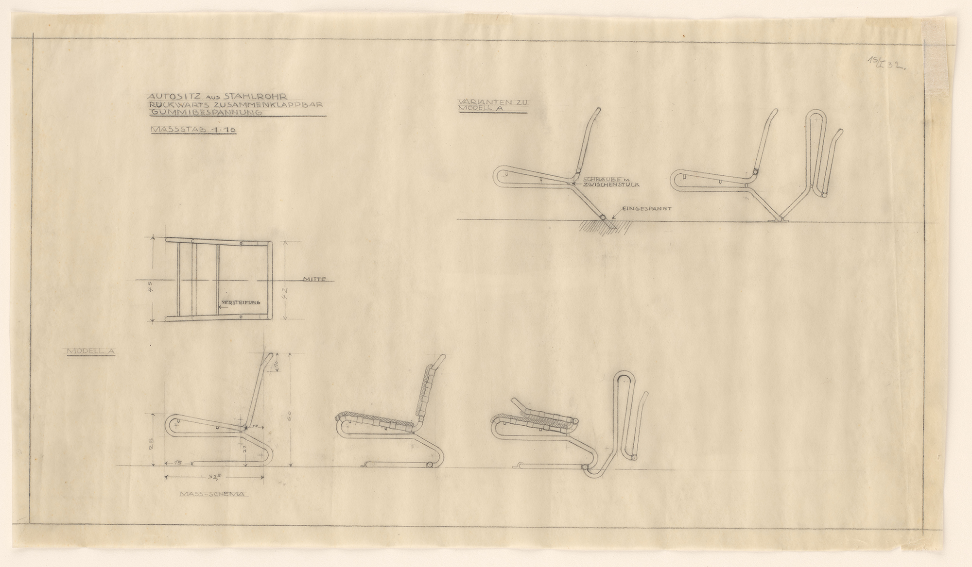 Lilly Reich, folding car seat of tubular steel, with rubber straps (plan and elevations), 1930s.