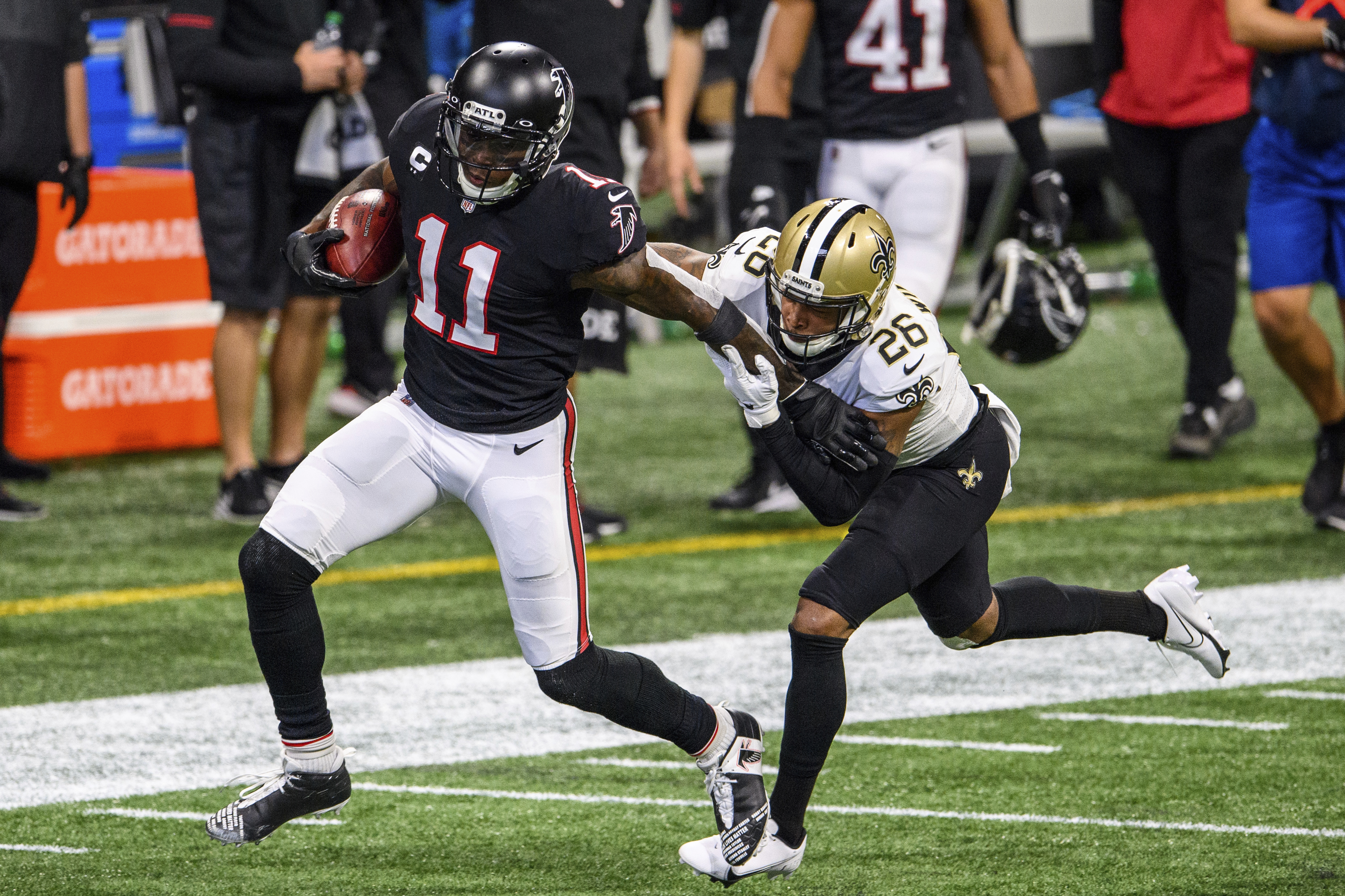 Julio Jones Comes Down With Ball From Tom Brady