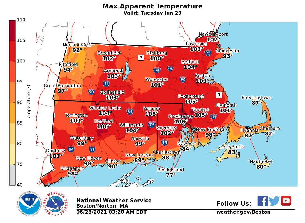 The maximum apparent temperatures expected throughout the region on Tuesday.