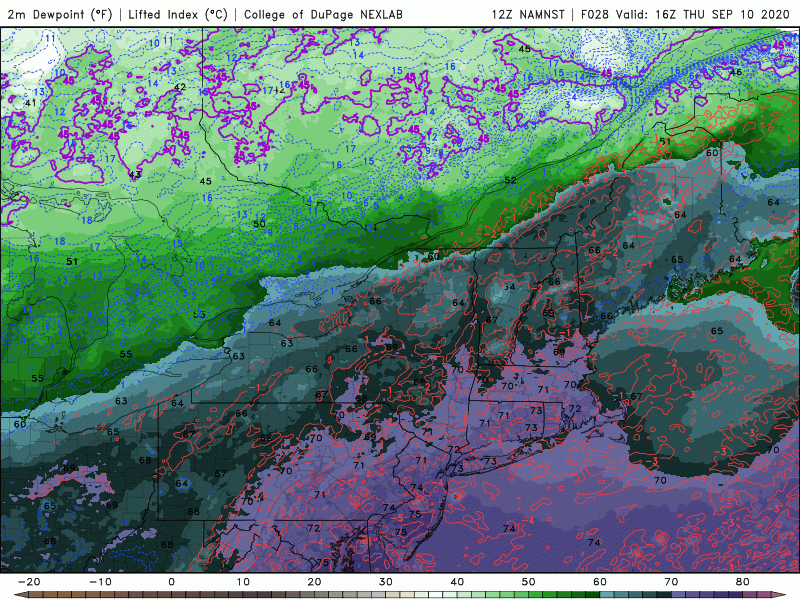 Very high humidity sweeps into New England Thursday followed by dry air early Friday.