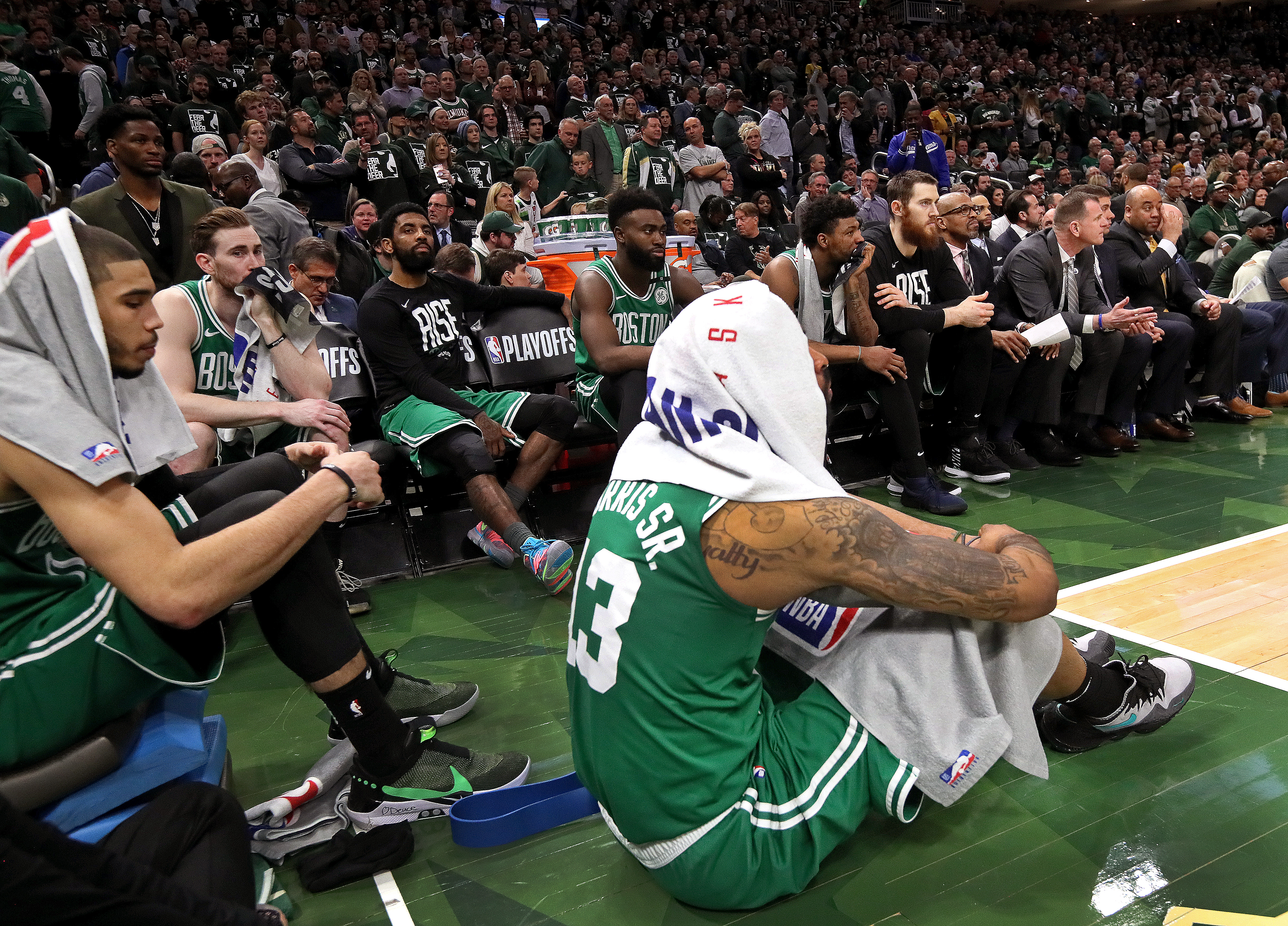 The Celtics' top players, including Kyrie Irving, Jayson Tatum, Gordon Hayward, and Marcus Morris watched the closing minutes from the sidelines in Game 5 vs. the Bucks in 2019.