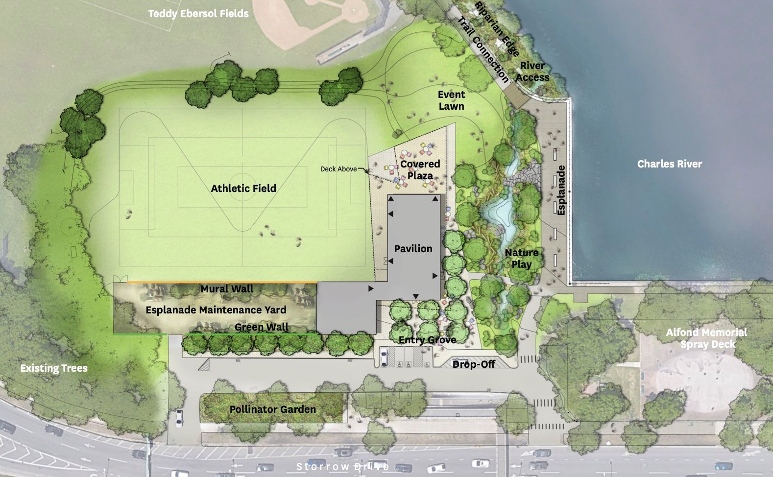 The Esplanade Association wants to build the Esplanade’s first visitors center, a café, a small events lawn, an outdoor classroom, a nature play area, and a youth-sized athletic field.