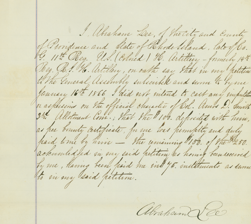 A petition handwritten by Abraham Lee to the State of Rhode Island, asking to be paid in full for his time in the service during the American Civil War.