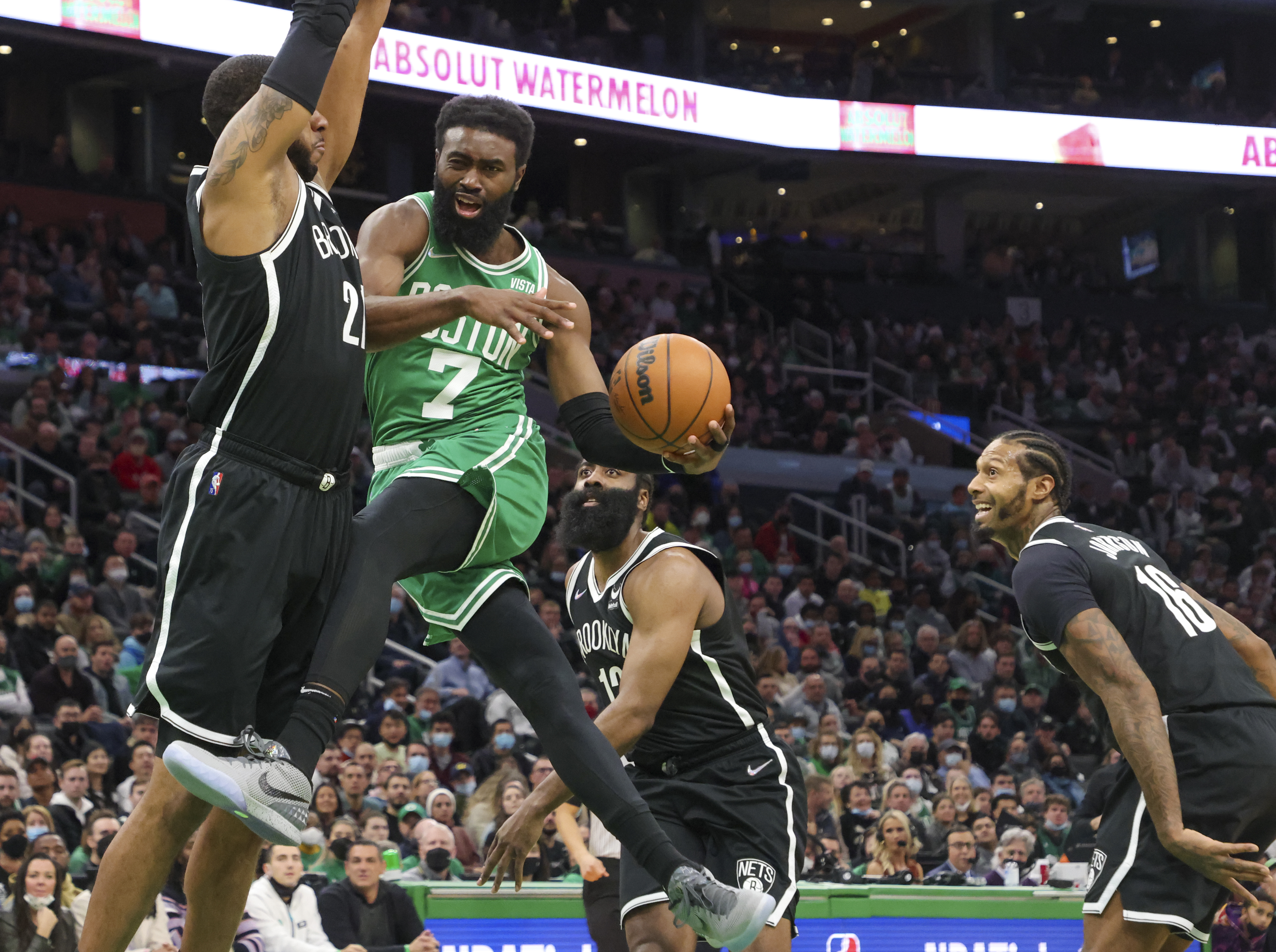 Jaylen Brown is forced to pass as Brooklyn's LaMarcus Aldridge defends during second quarter of Wednesday's game.