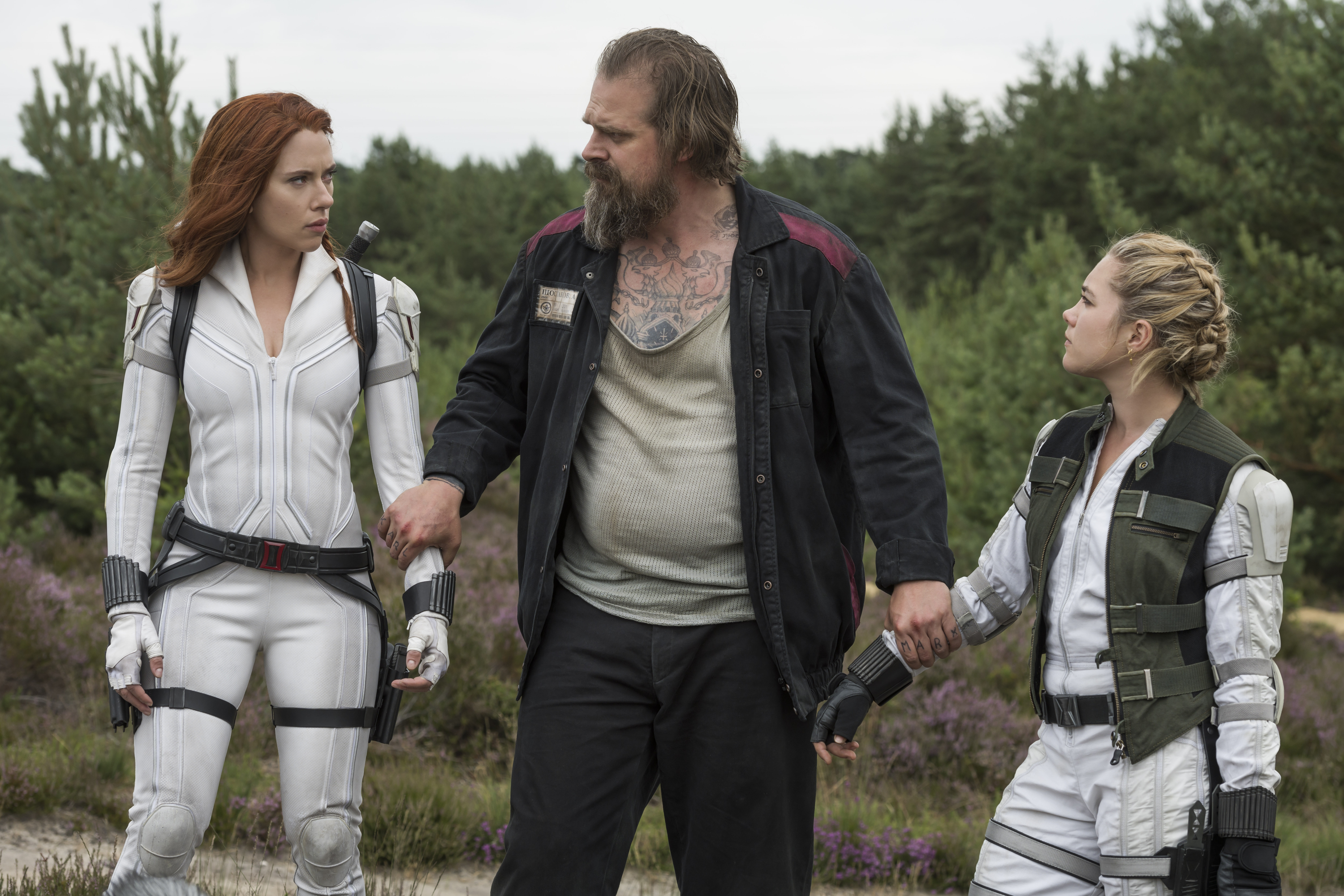 Scarlett Johansson, left, David Harbour, and Florence Pugh in "Black Widow."