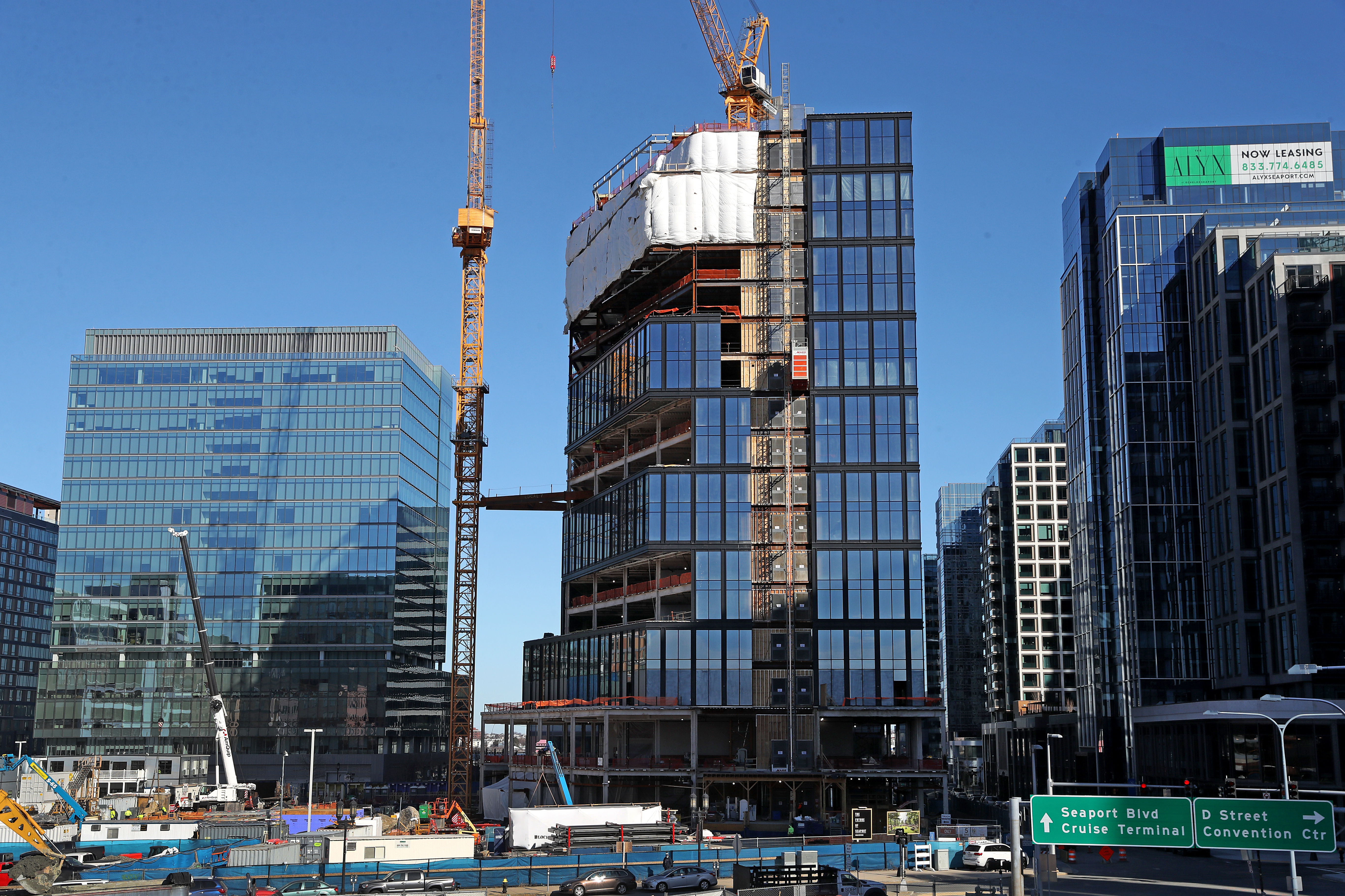 The Amazon building (center) is under construction at Seaport Square.