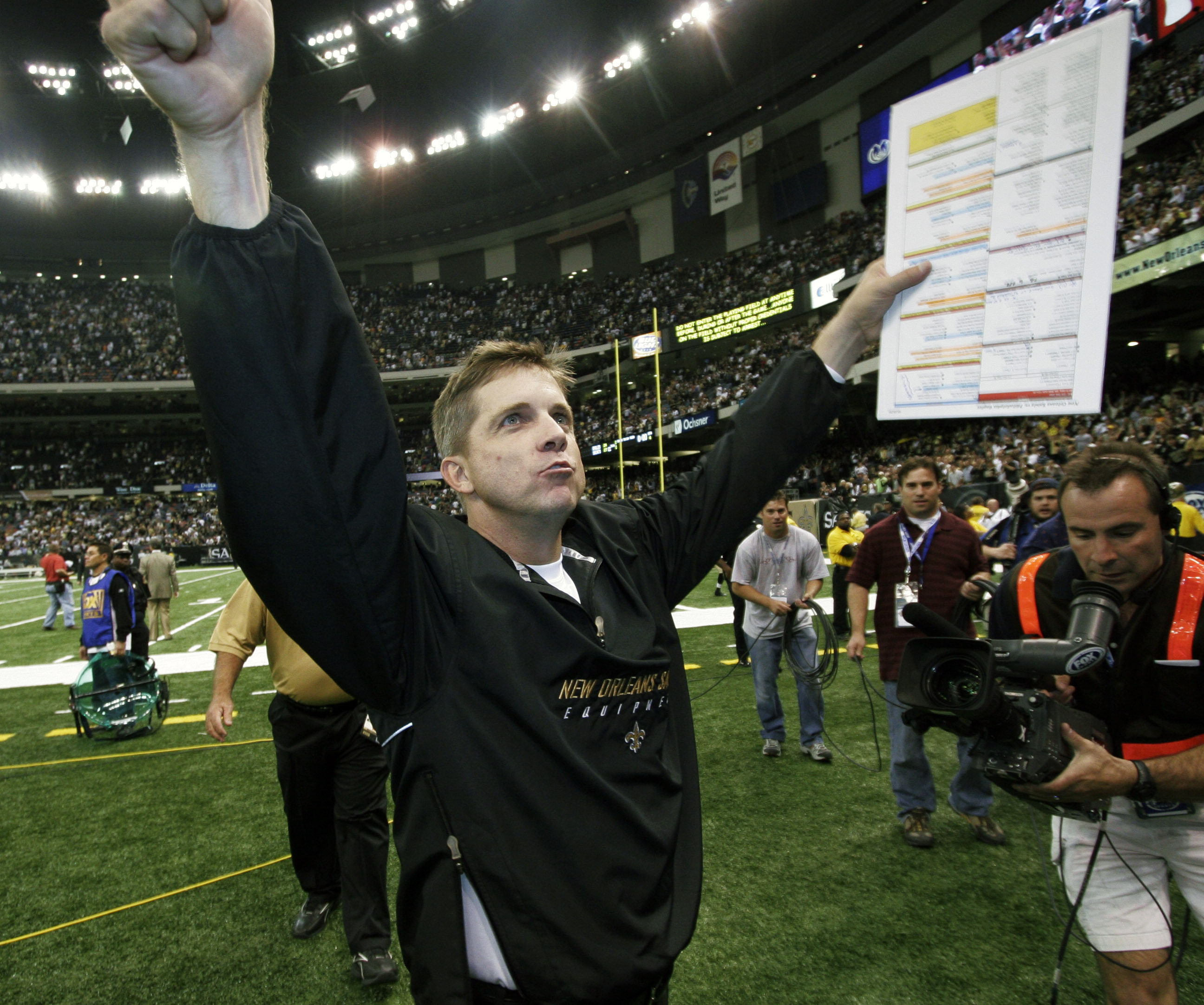 New Orleans Saints head coach Sean Payton (R) watches a replay on the  jumbotron at the Mercedes-Benz Superdome during play against the Baltimore  Ravens in New Orleans September 1, 2016. Photo by