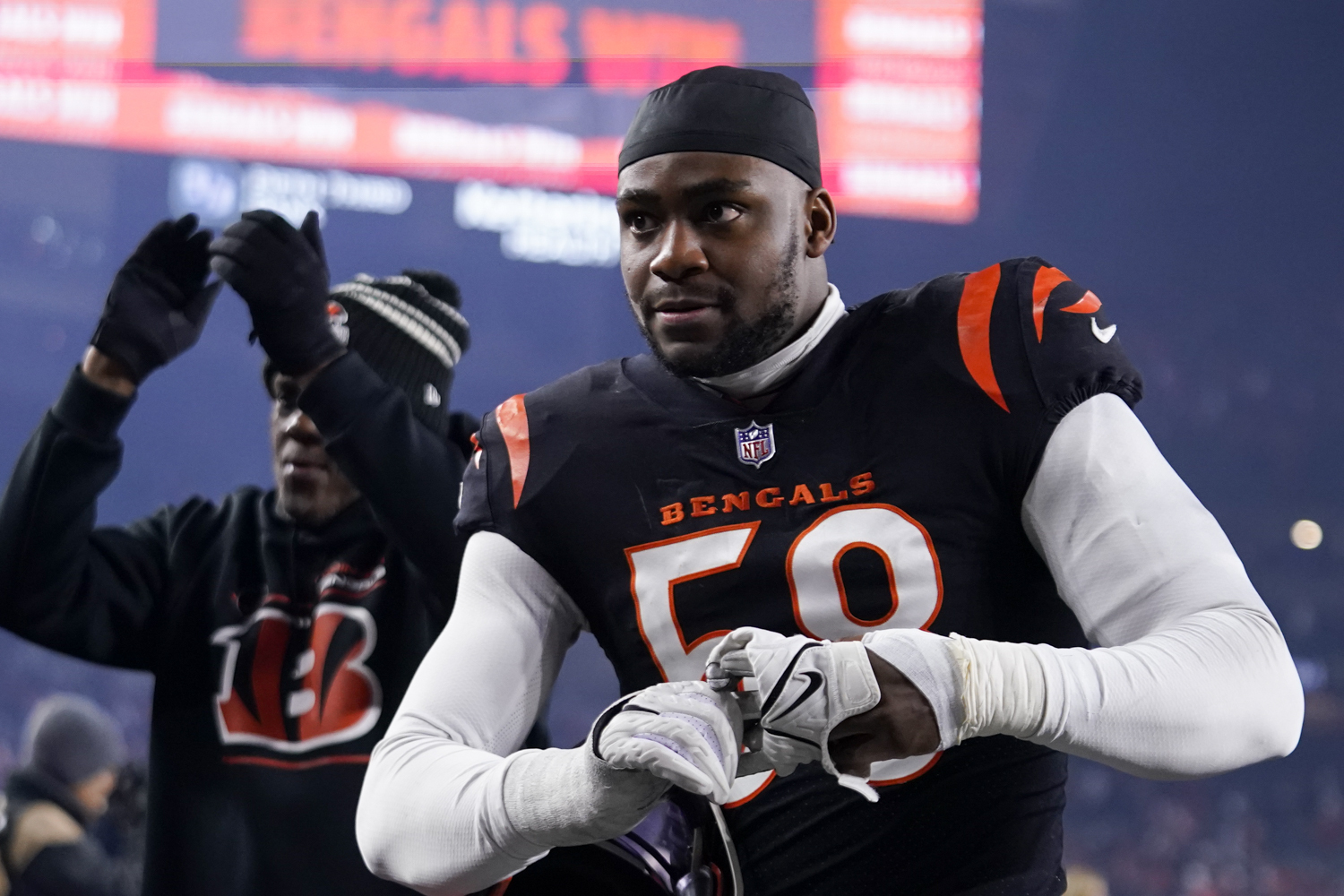 Joseph Ossai of the Cincinnati Bengals sacks Patrick Mahomes of the News  Photo - Getty Images