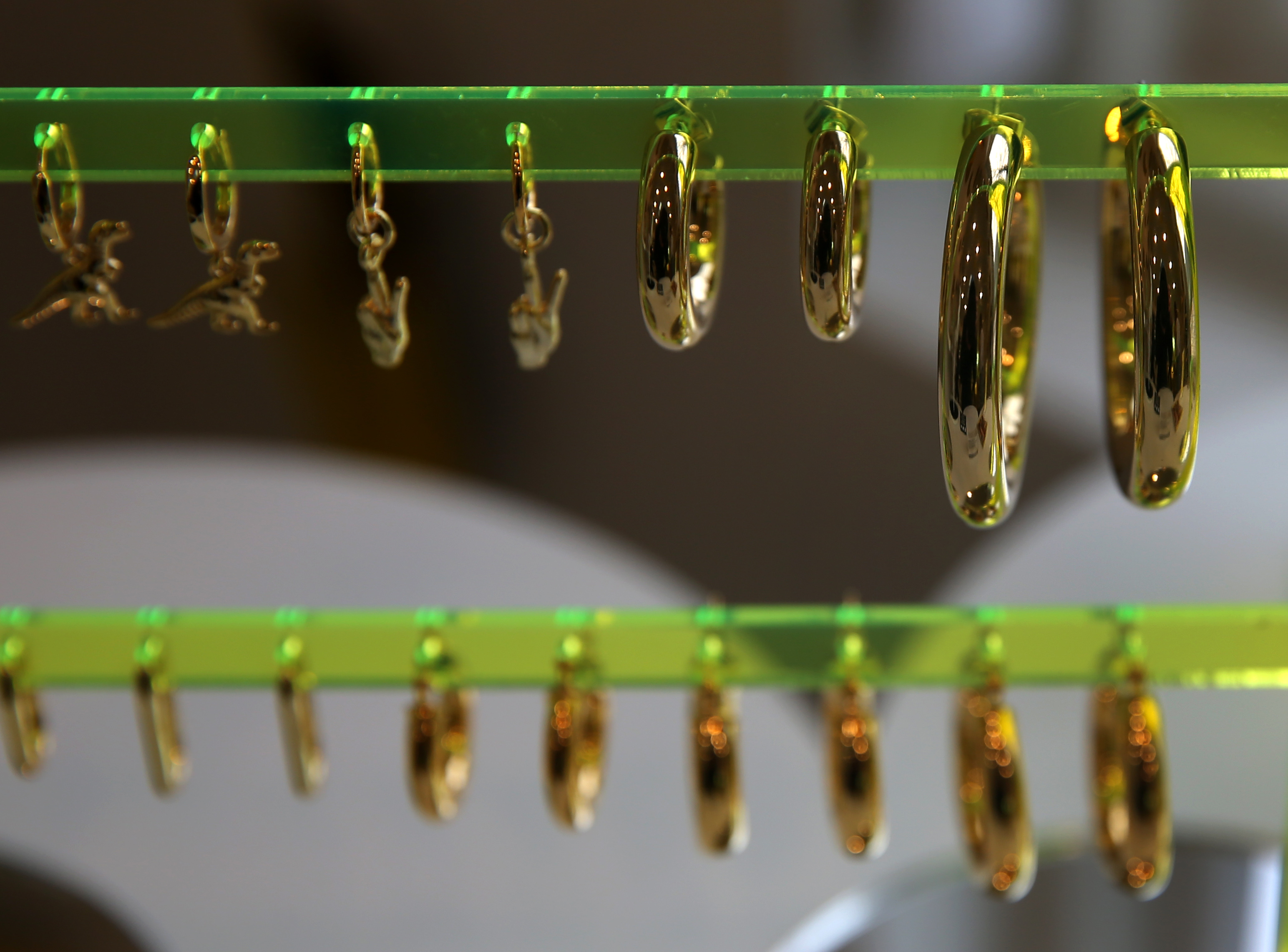 A display of earrings for sale at Studs in Boston.