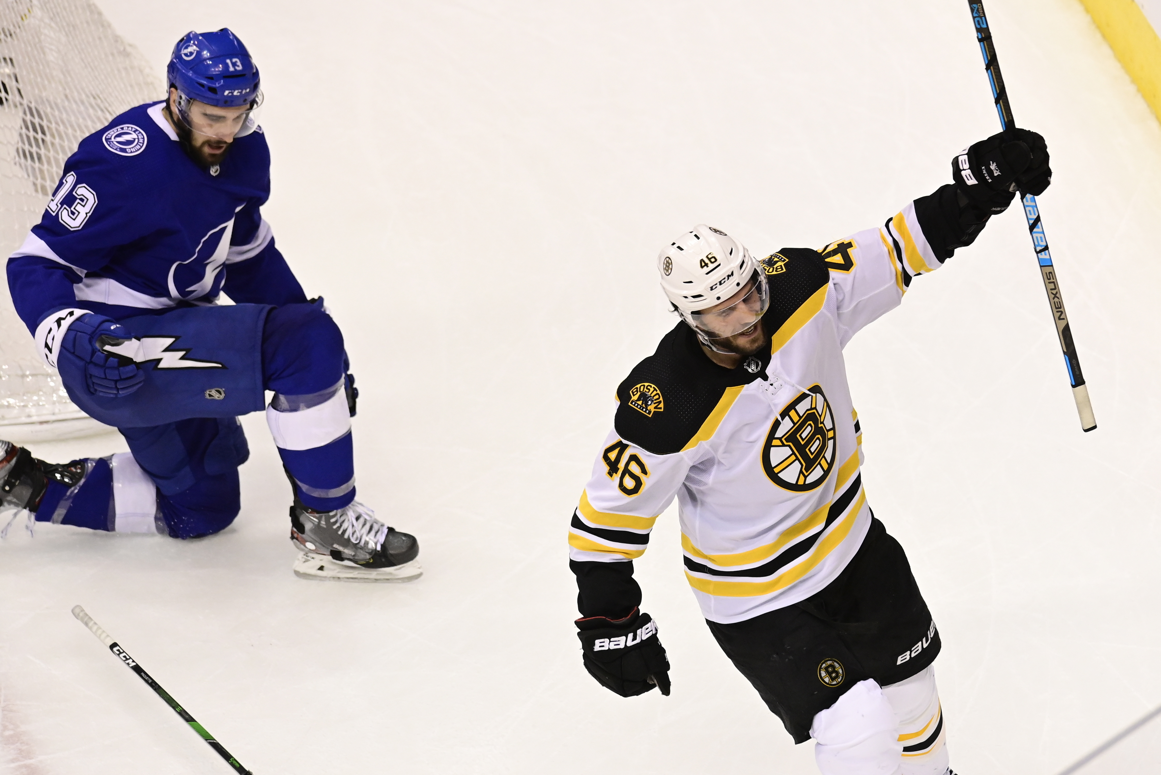 David Krejci celebrates the tying goal that forced overtime Monday night.