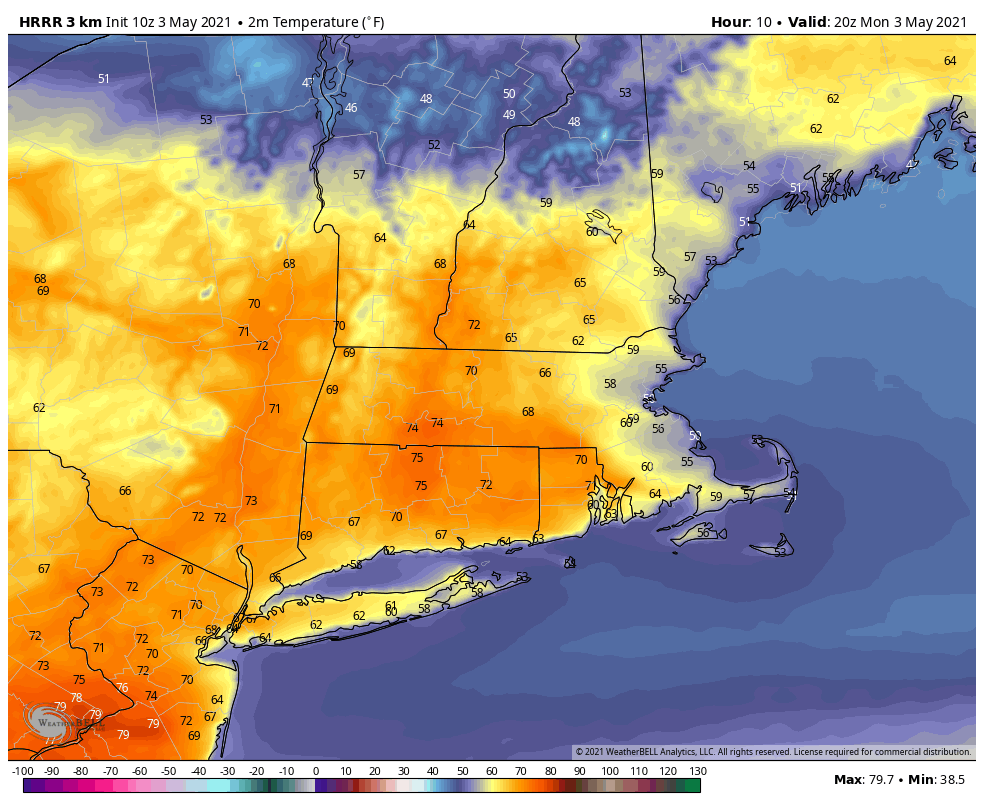 Temperatures will be mildest across the Connecticut River Valley Monday afternoon.