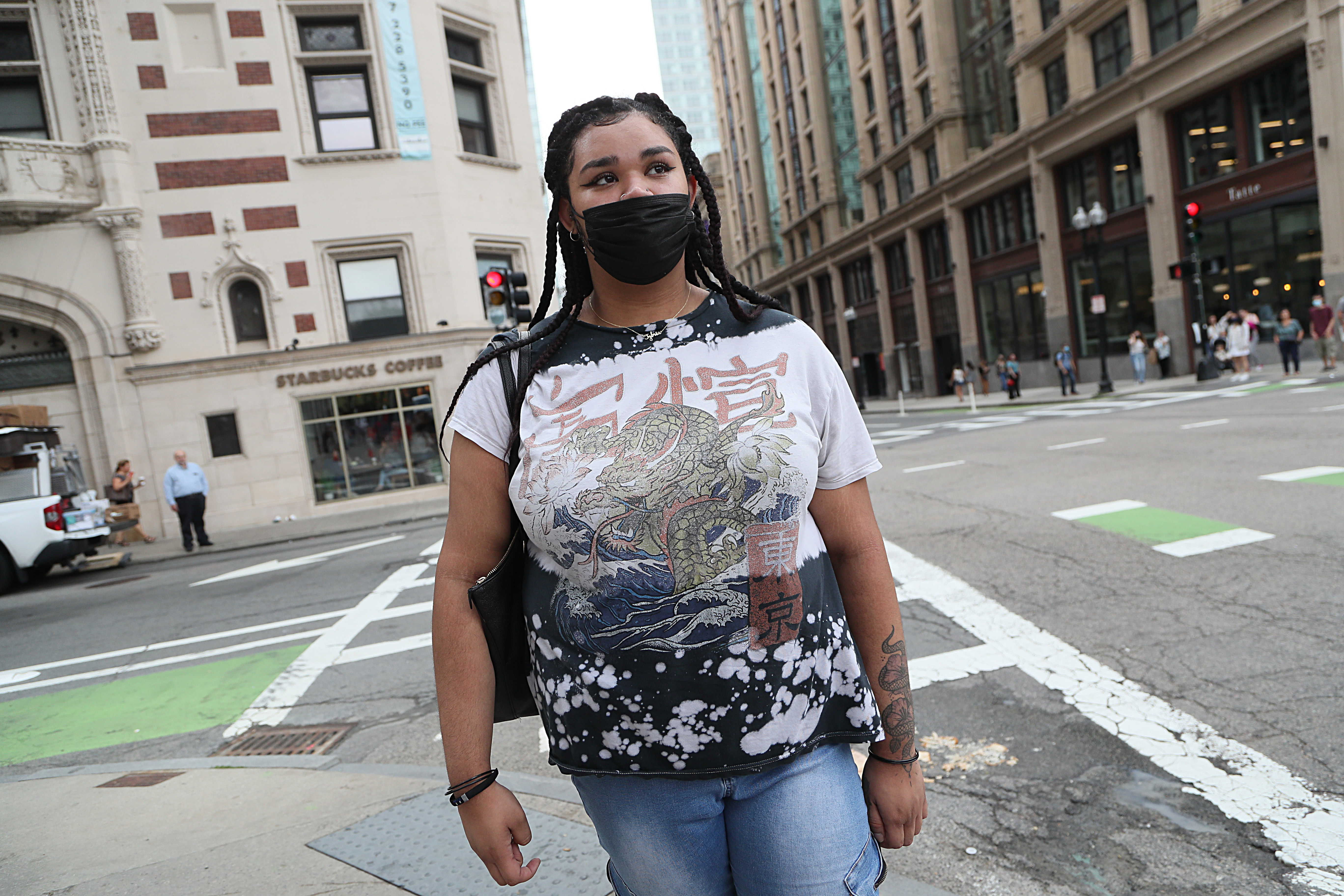 Emerson College sophomore Tyy Hill on the Emerson College campus. Hill, a commuter student who lives in Roxbury, said that this year, she is “not afraid to walk in a building and be like, ‘Can someone help me?’”
