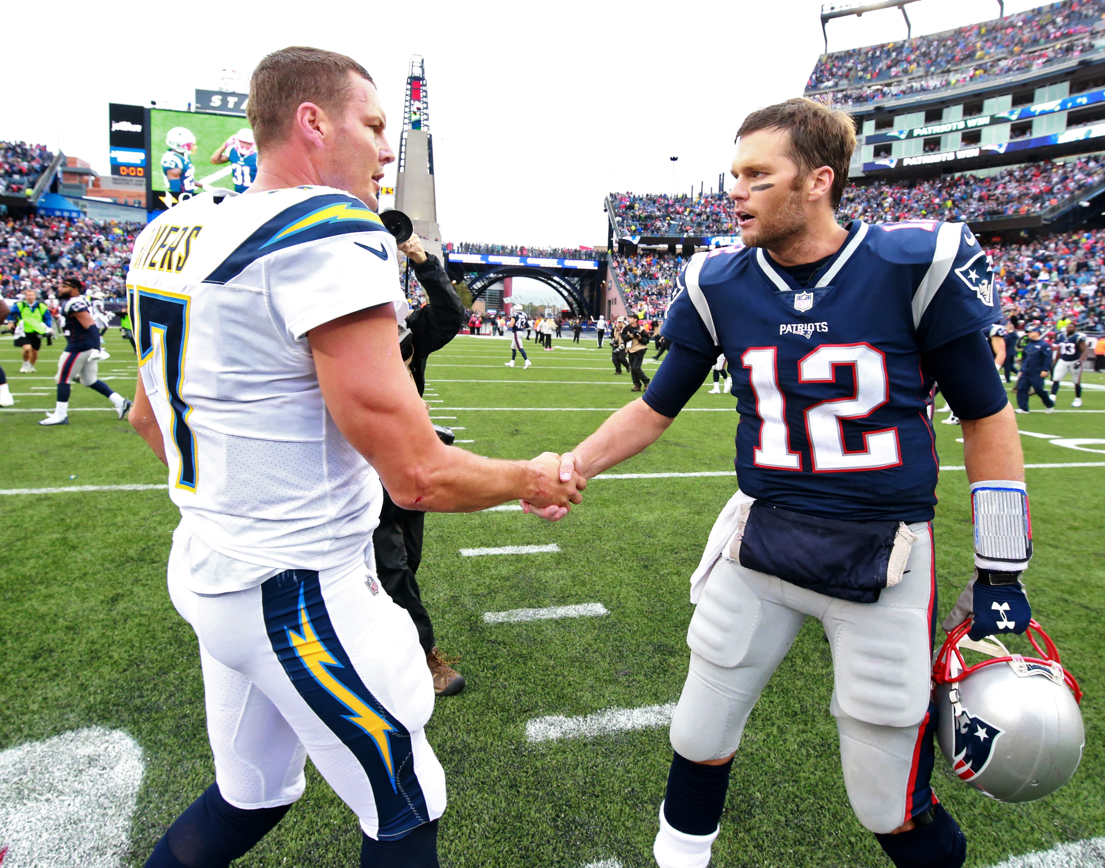 Tom Brady and Philip Rivers shook hands after the Patriots defeated the Chargers 21-13 in 2017.