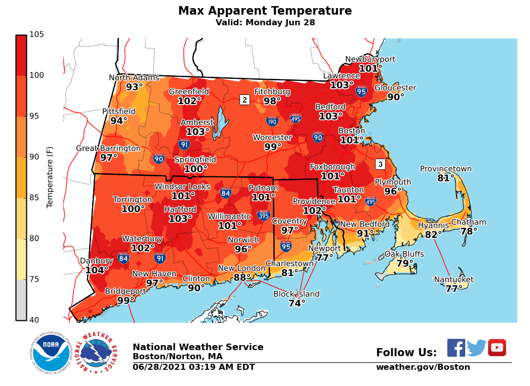 The maximum apparent temperatures expected throughout the region on Monday.