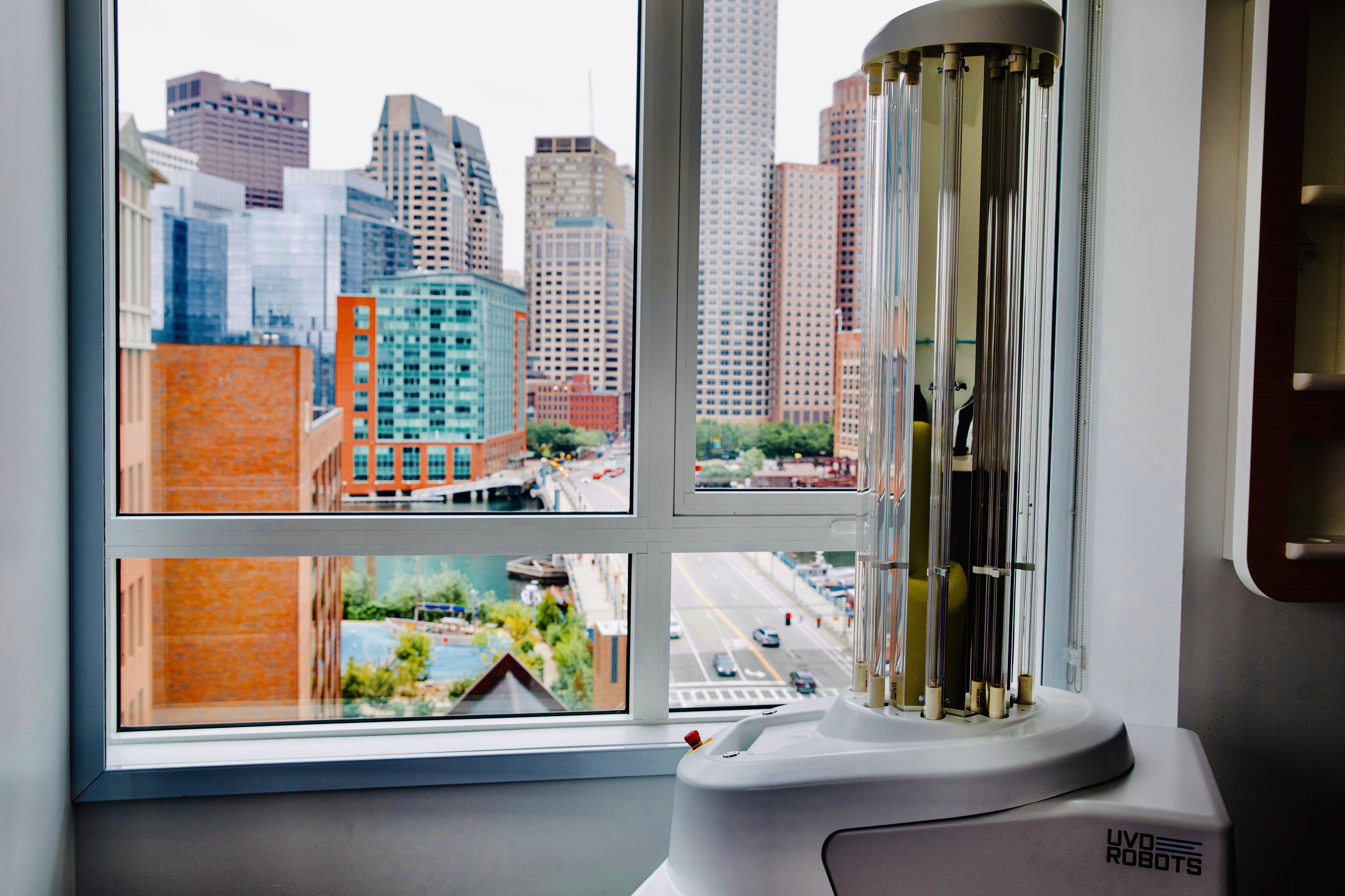 The Vi-Yo-Let UV robot at the Yotel in Boston. For an additional charge, guests can have the robot blast their room with UV light before arrival to kill germs.