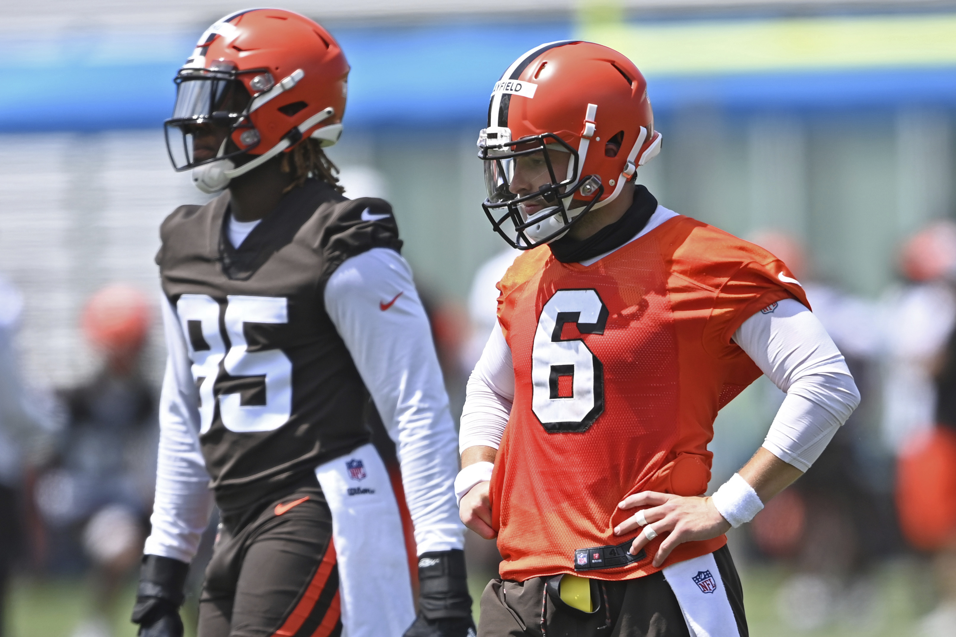 Baker Mayfield (right) had his fifth-year option picked up by the Browns in April, with Cleveland looking to lock down their franchise quarterback for the long term.