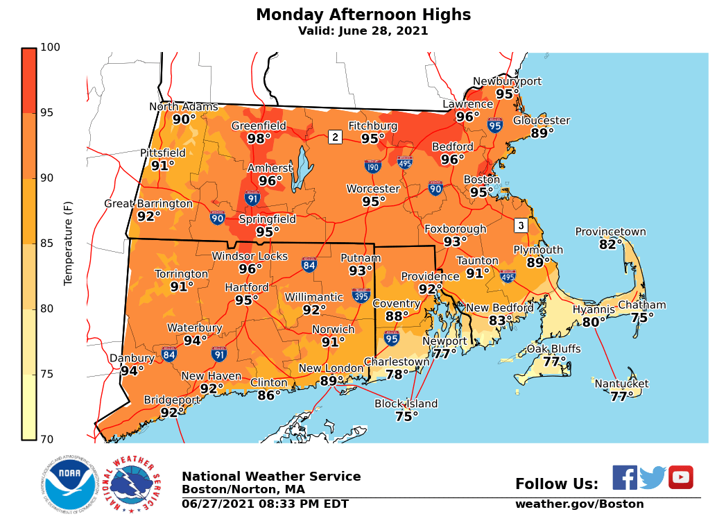 The highest temperatures expected in the region on Monday afternoon.