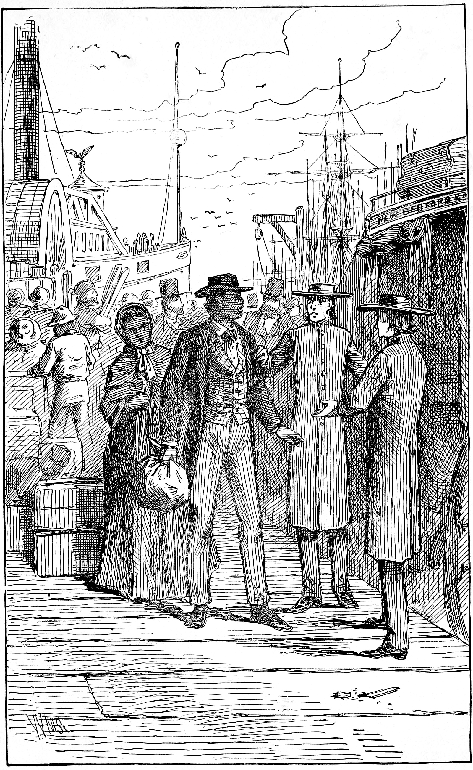 A 19th-century illustration of Douglass and his wife, Anna Murray Douglass, arriving in New Bedford in 1838.