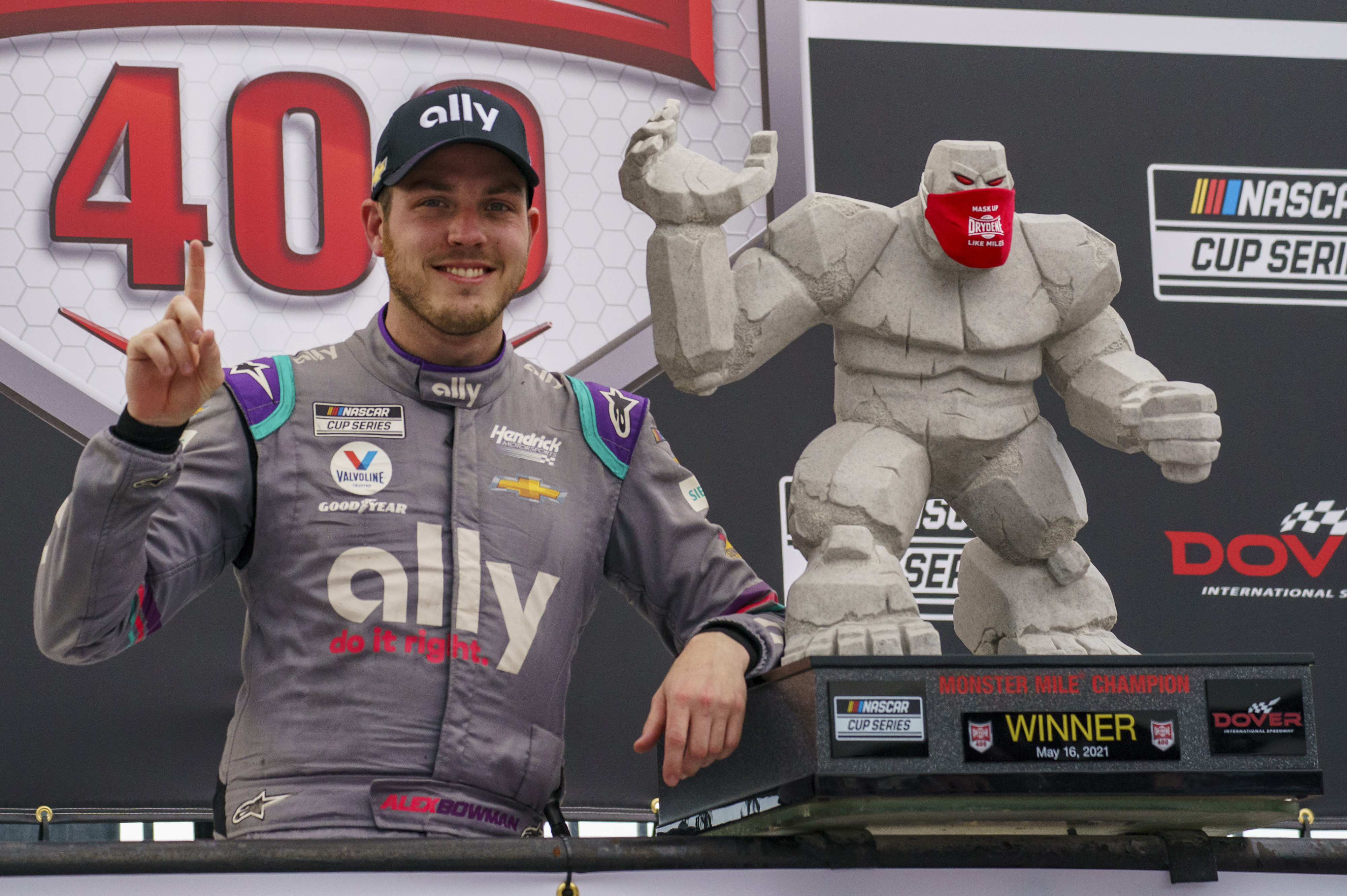 Alex Bowman celebrates his win at Dover on Sunday.