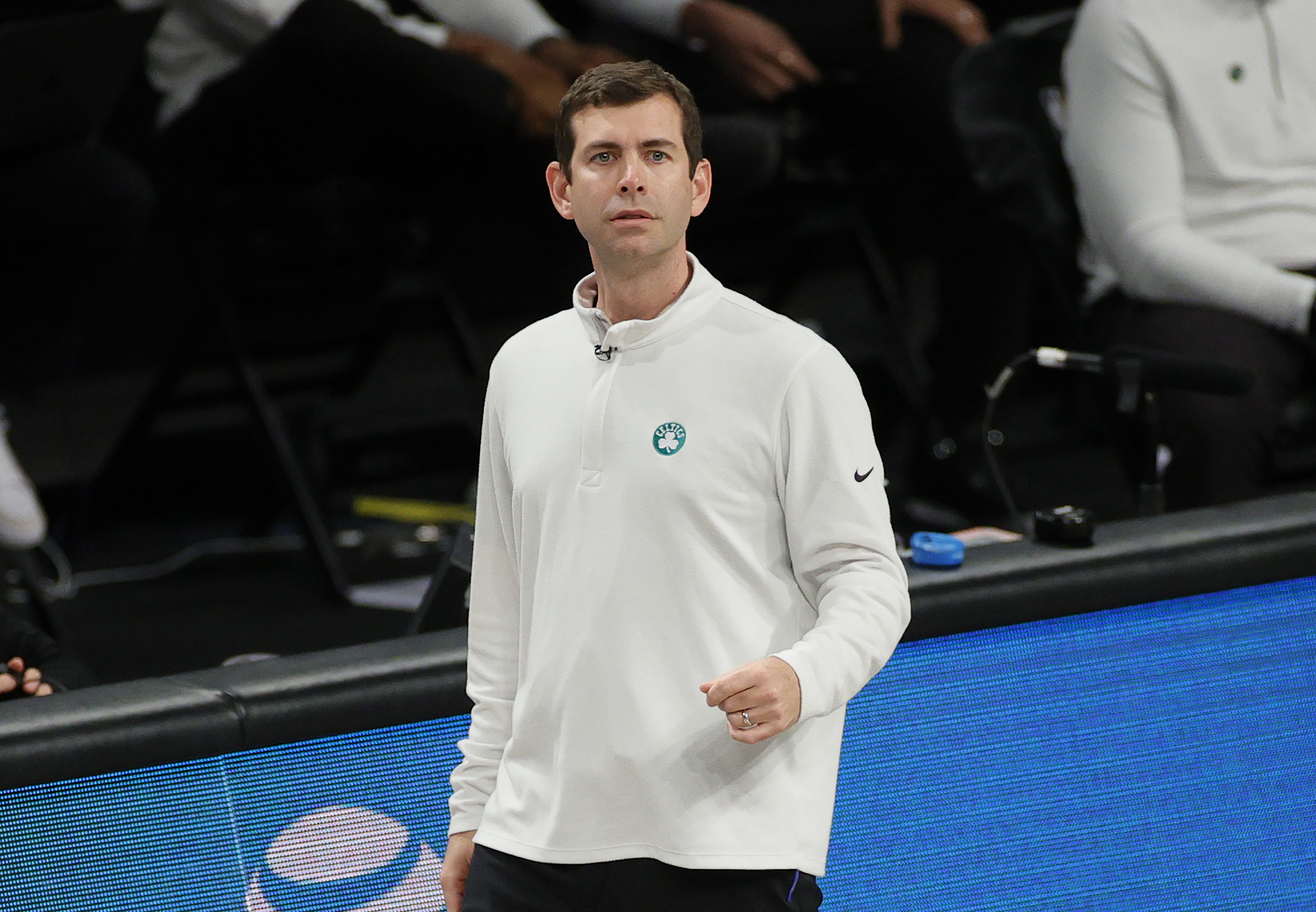 NEW YORK, NEW YORK - MAY 25: Head coach Brad Stevens of the Boston Celtics looks on during the first half of Game Two of their Eastern Conference first-round playoff series against the Brooklyn Nets at Barclays Center on May 25, 2021 in the Brooklyn borough of New York City. NOTE TO USER: User expressly acknowledges and agrees that, by downloading and or using this photograph, User is consenting to the terms and conditions of the Getty Images License Agreement. (Photo by Sarah Stier/Getty Images)