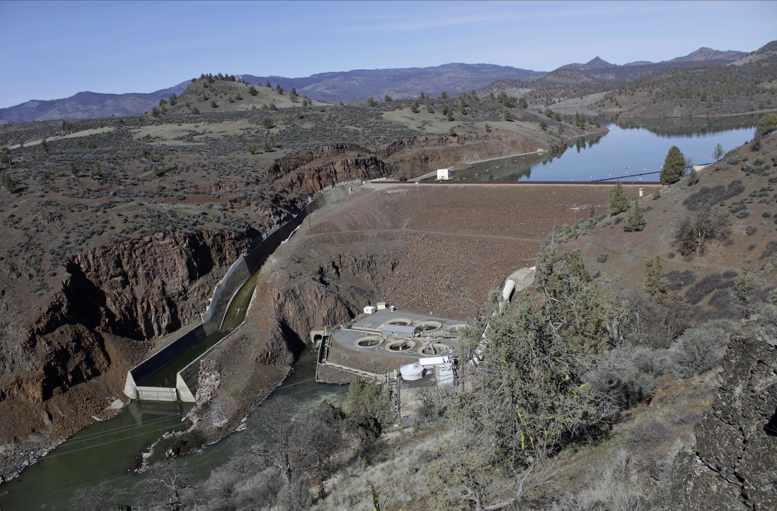 The Iron Gate Dam, powerhouse and spillway on the lower Klamath River near Hornbrook, Calif.,