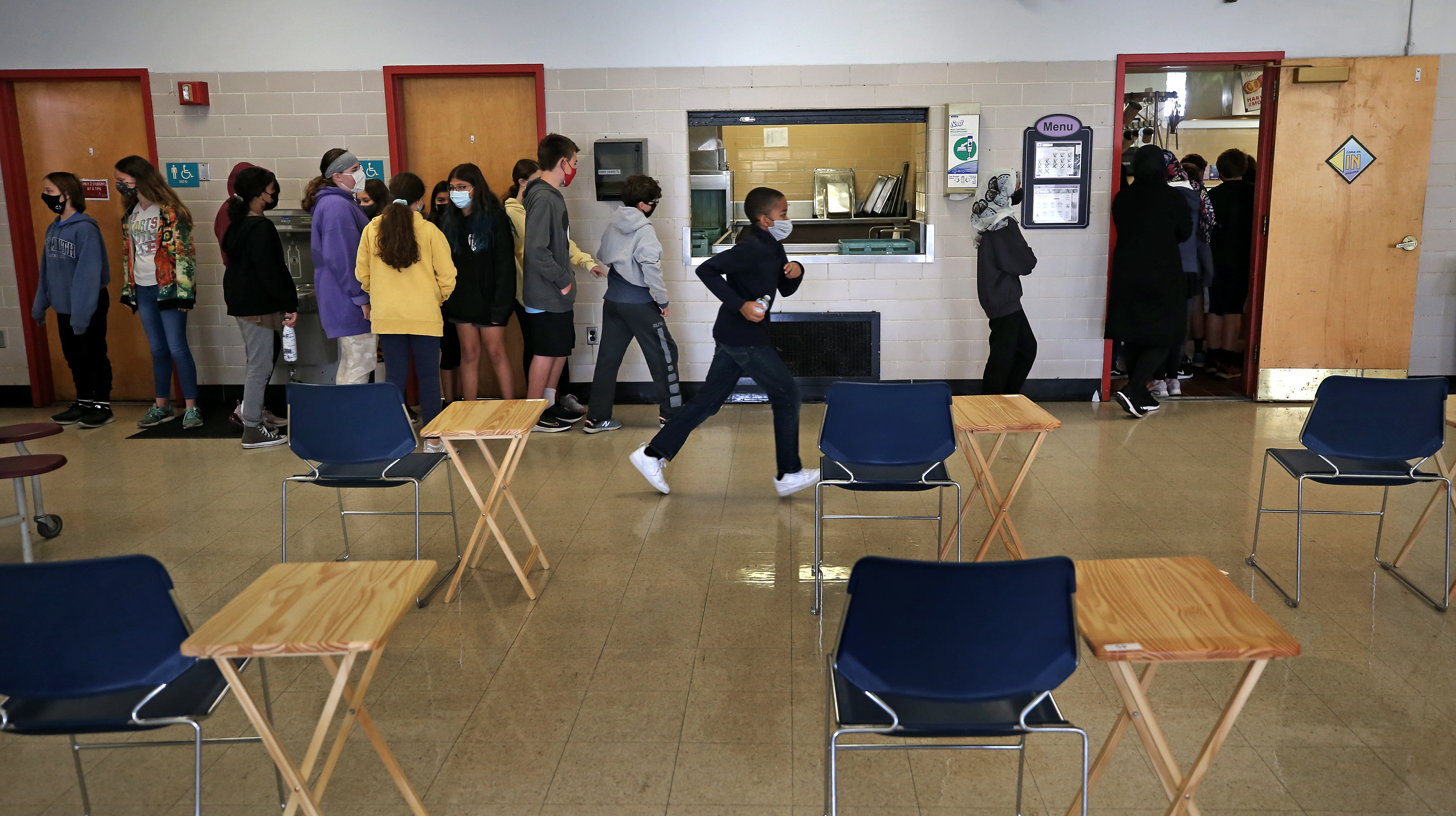 A lunch line at Watertown Middle School on Thursday.