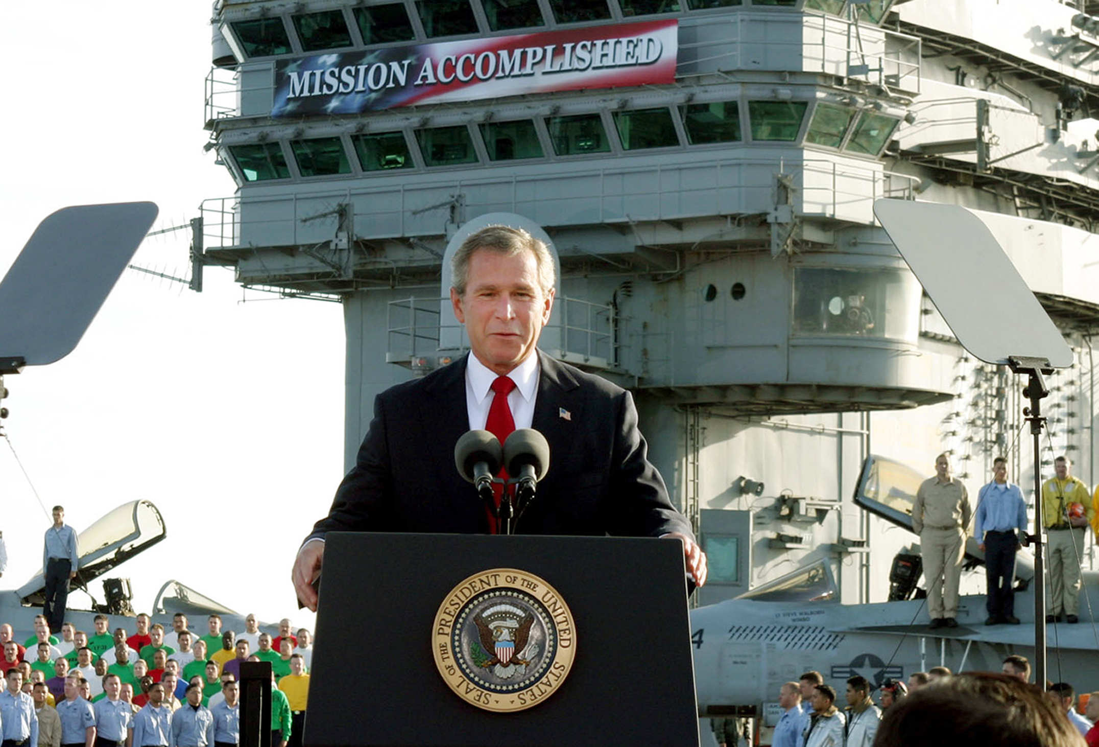George W. Bush's declaration of "Mission Accomplished" in the Iraq War was heavily criticized by the Democratic Party as the war became a yearslong conflict.