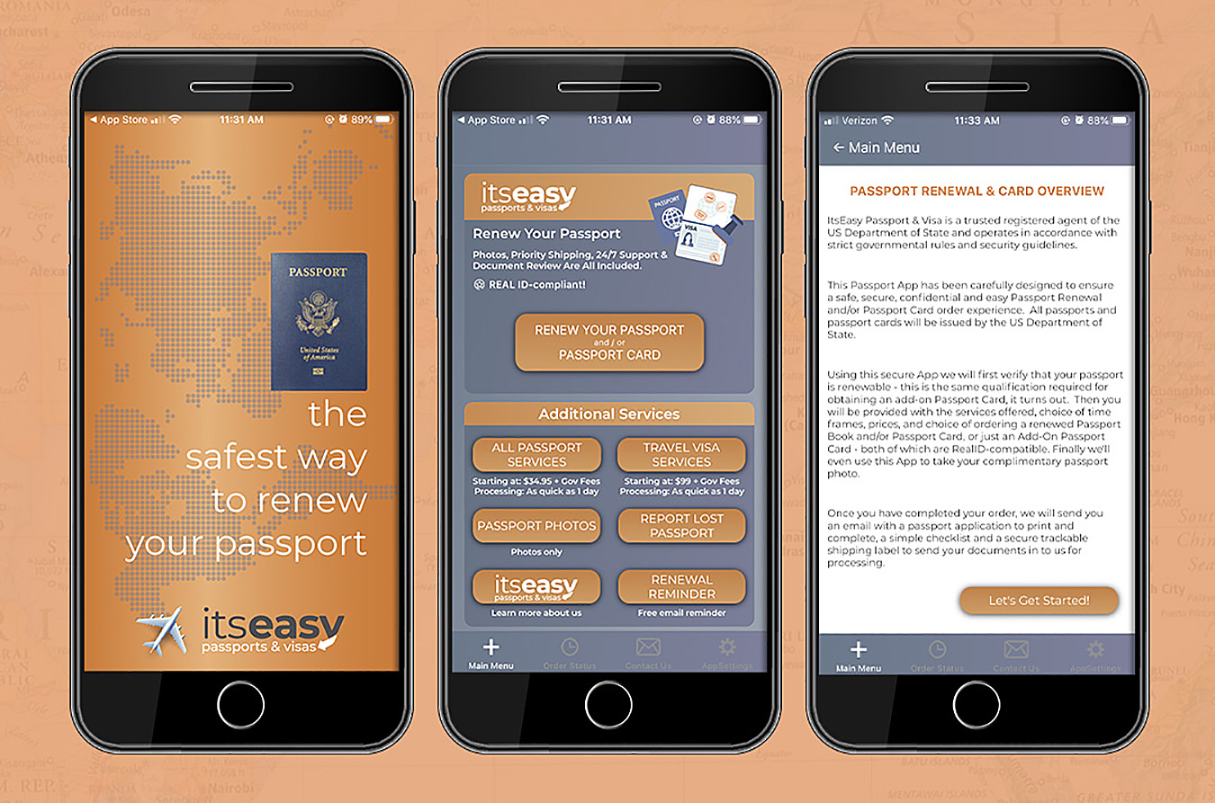 Get your passport renewed or get your US Passport Card through the new ItsEasy Passport App, which lets you fill out paperwork, take photos, and submit your application without leaving home.