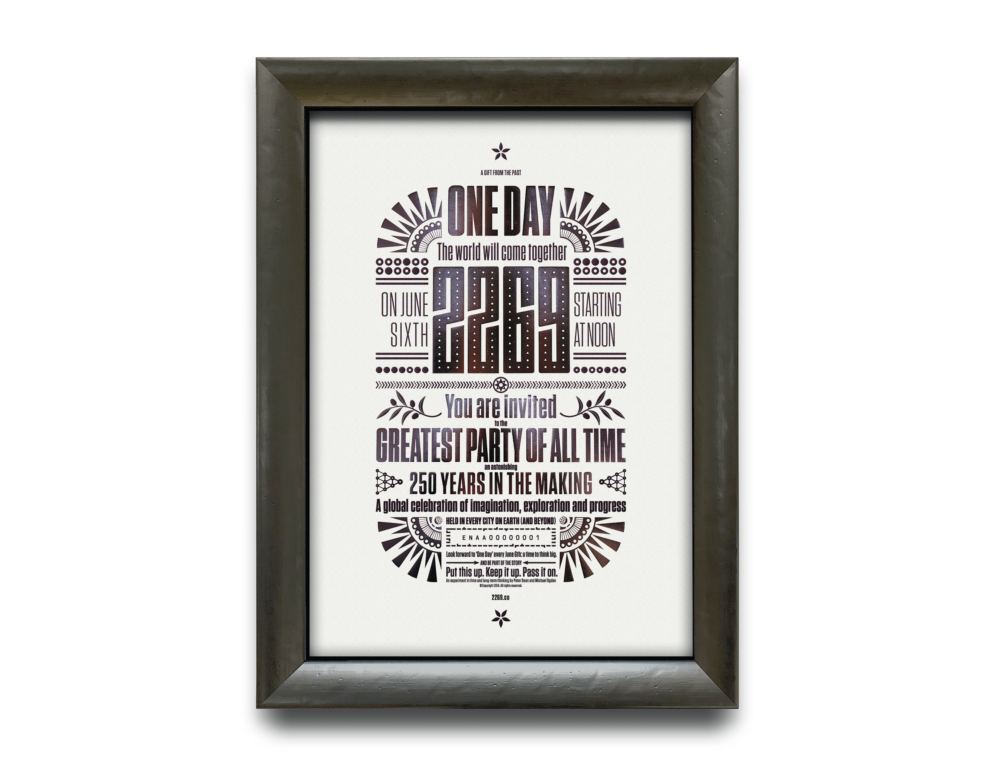 A framed invitation to the 2269 party, intended to be handed off to someone in the next generation.
