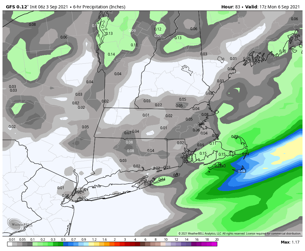 The GFS model shows measurable precipitation occurring Monday morning.