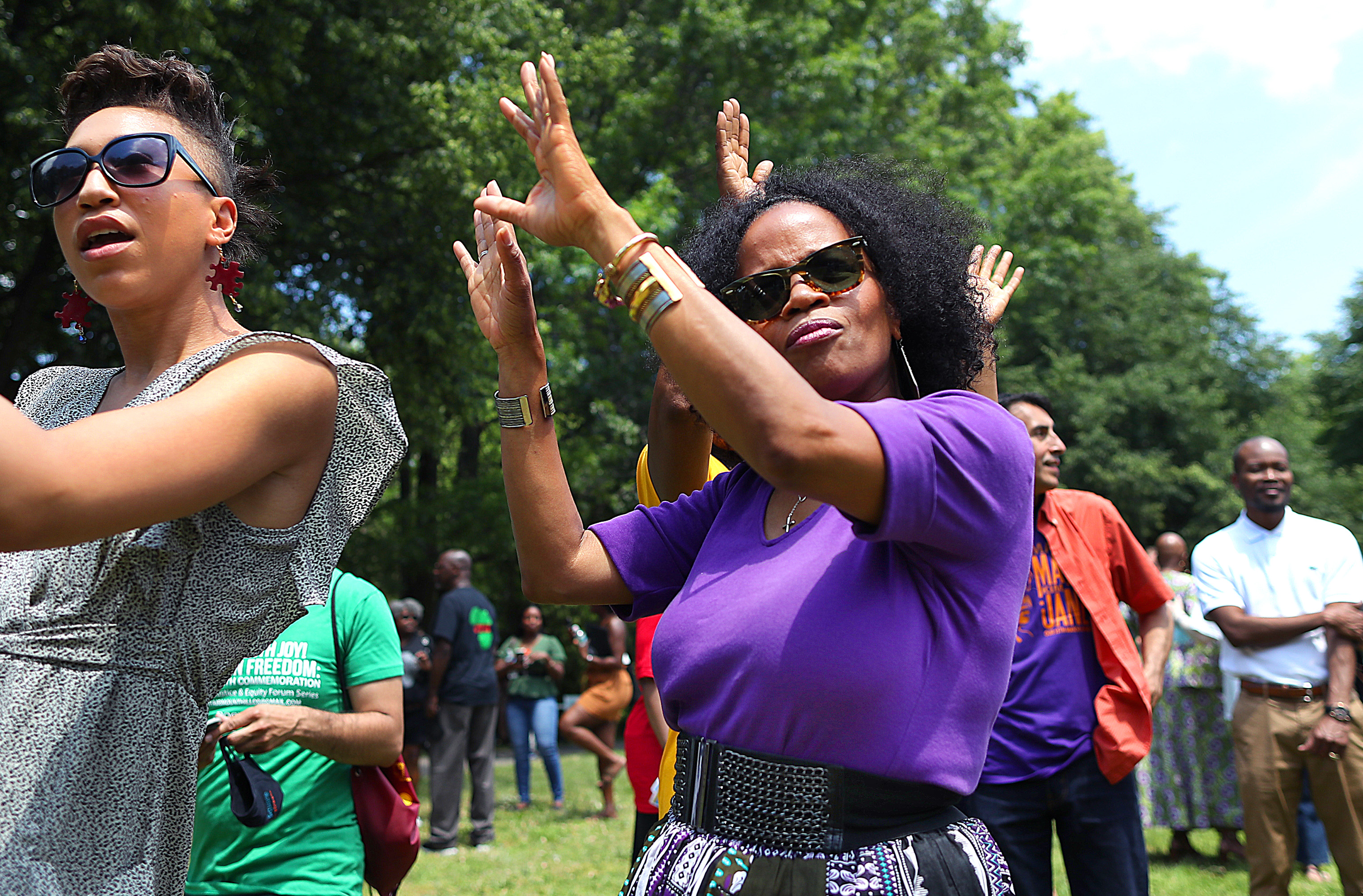 Boston Mayor Kim Janey danced to music playing at a Juneteenth celebration in Hyde Park.