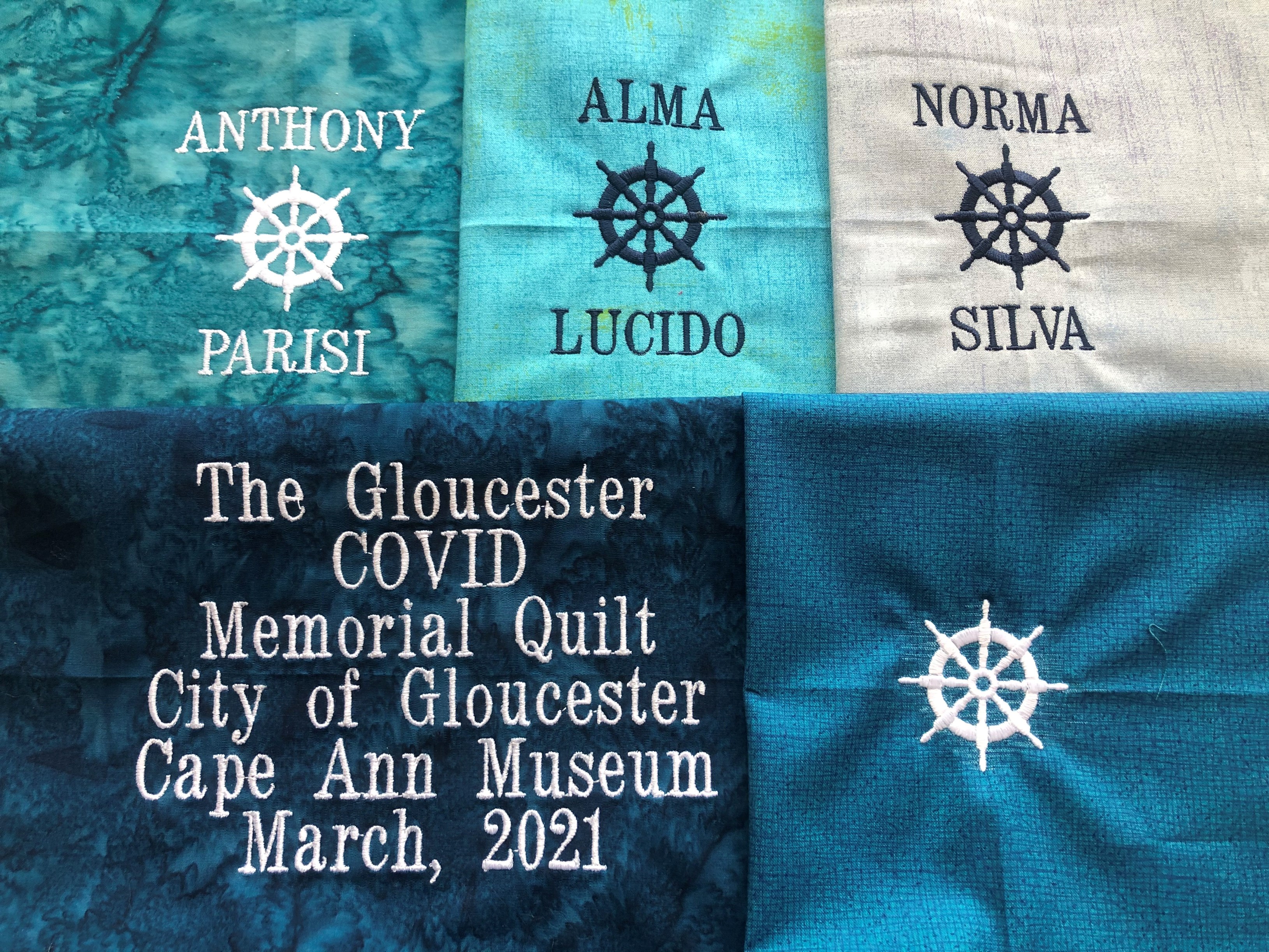 Quilt elements embroidered by Diane Taormina to be assembled into the Gloucester COVID-19 Memorial Quilt, part of the Cape Ann Museum COVID-19 Memorial.