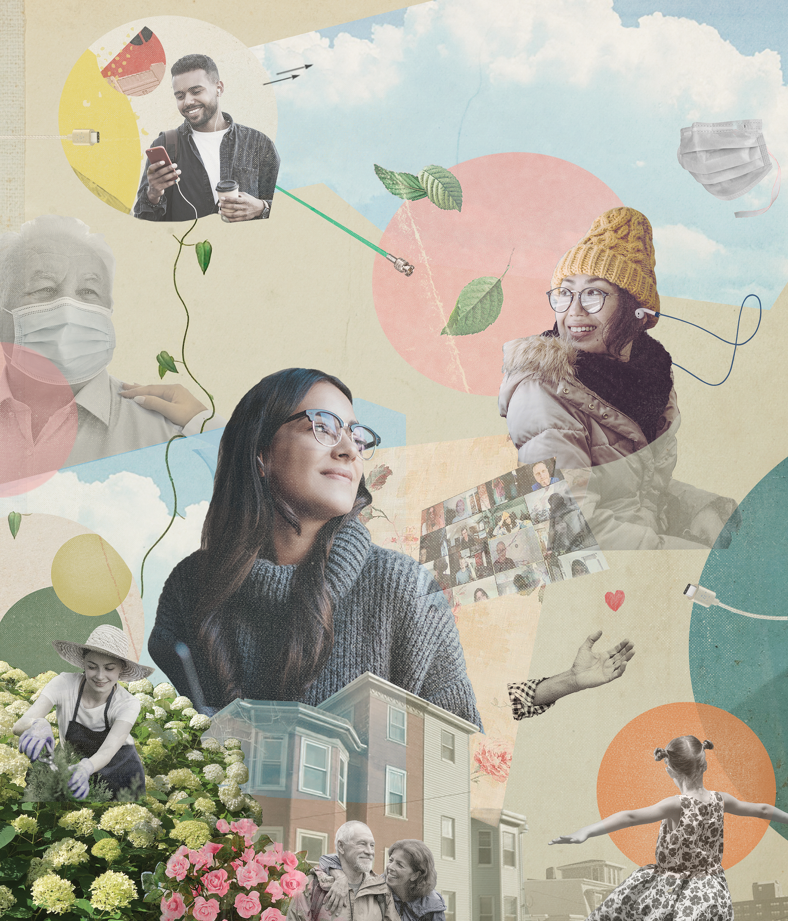 Pastel photo illustration of happy people doing things like gardening, walking, chatting on phone. Goes with story on life lessons from the pandemic.