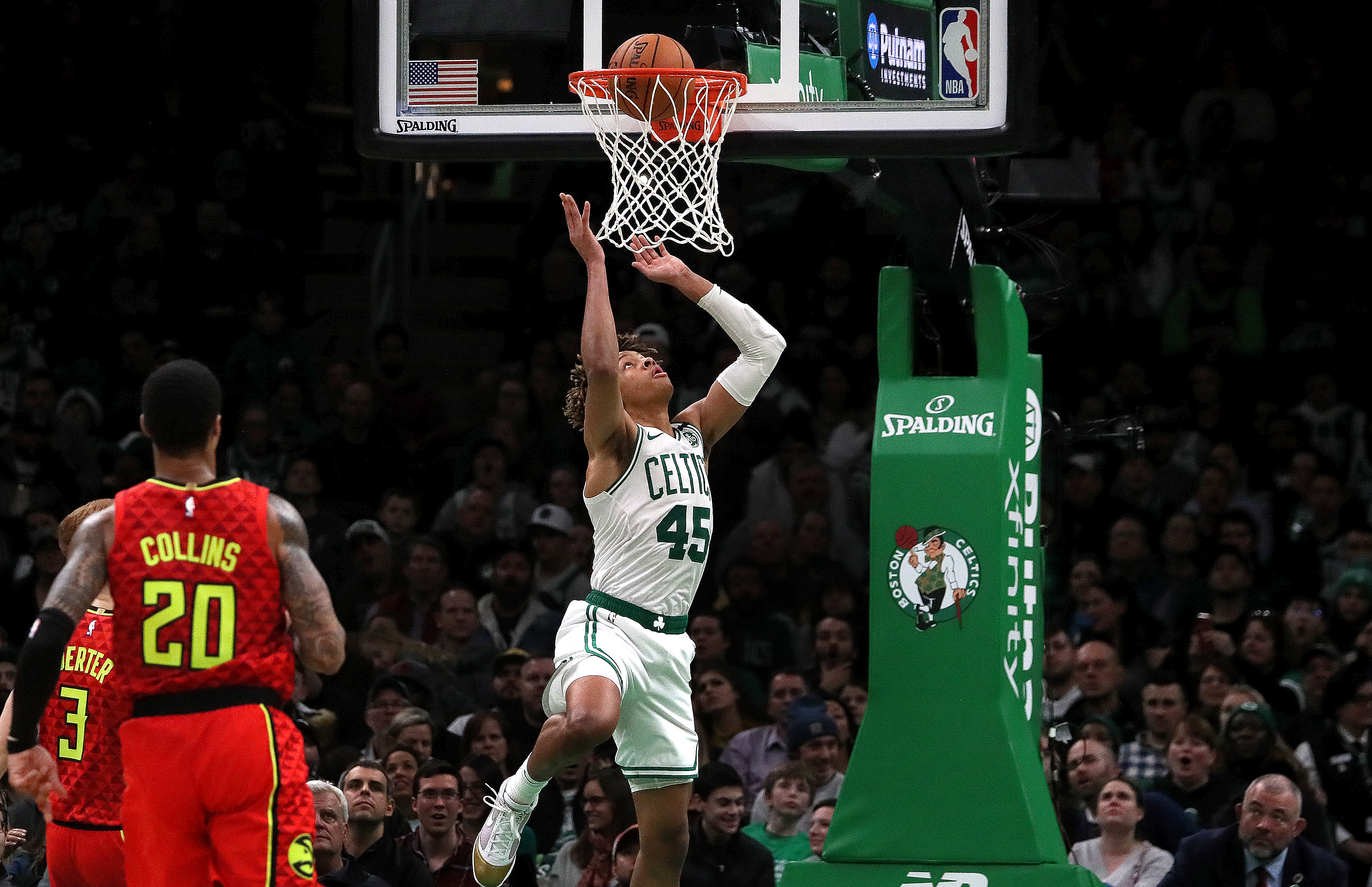 Romeo Langford dunks in the fourth quarter of a 2020 win over Atlanta.