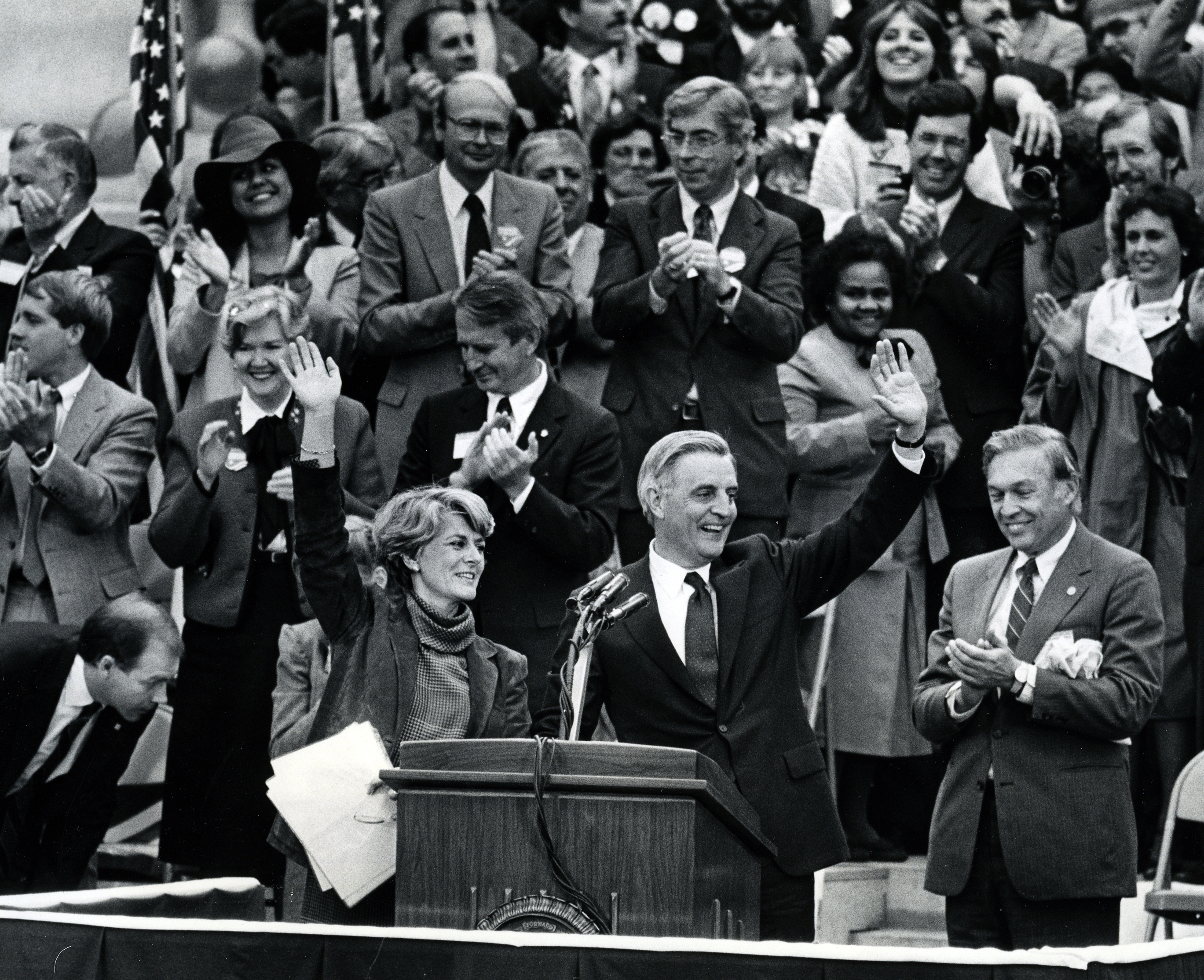 Representative Geraldine Ferraro and Mr. Mondale, on the Capitol steps in Madison, Wis., in October 1984.