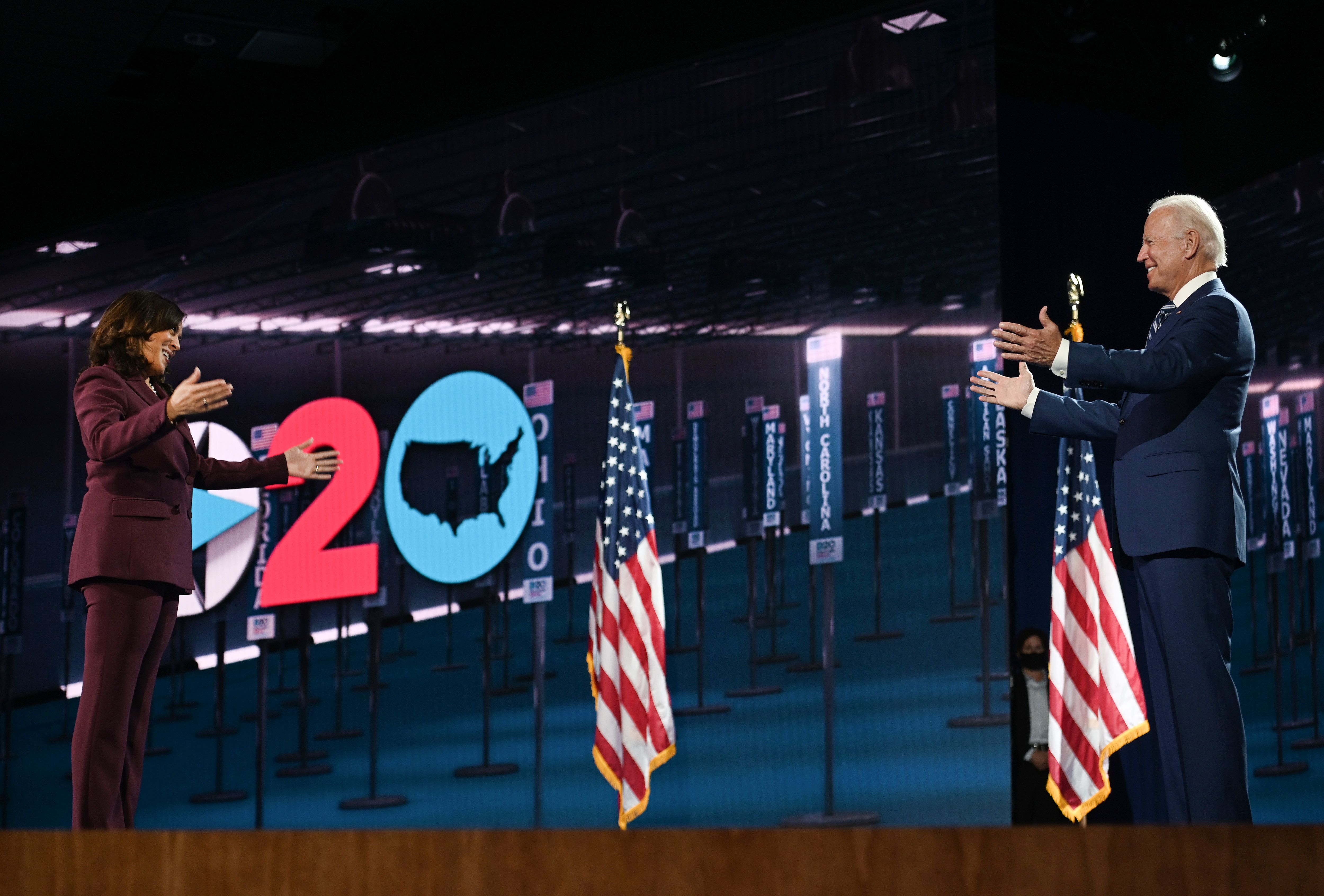 Kamala Harris and Joe Biden stood on stage socially distanced from each other at the end of the convention Wednesday night.