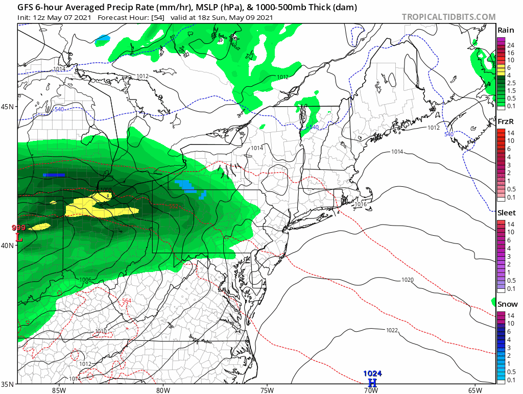 An area of showers will criss-cross the region Sunday night and early Monday.
