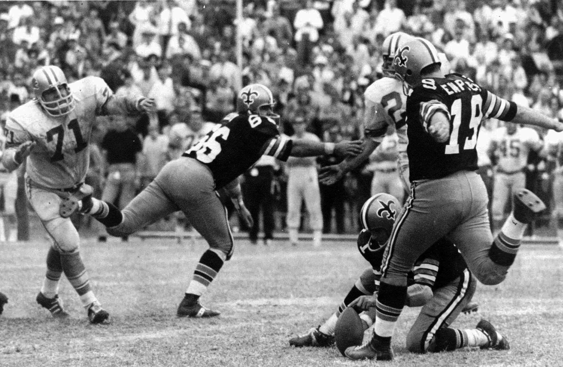 Tom Dempsey's record-breaking kick in 1970 gave the Saints a last-second victory over the Lions.
