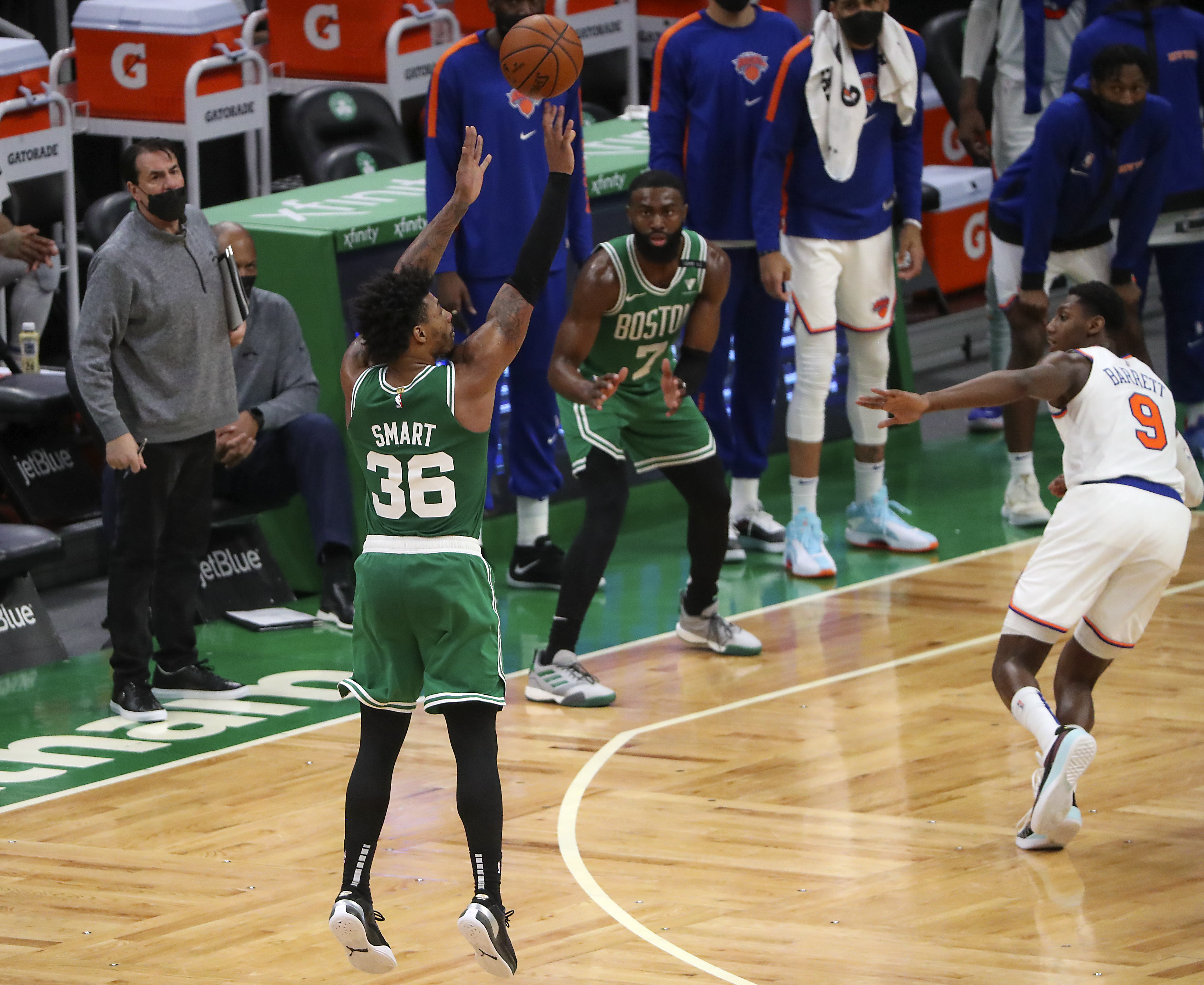 Marcus Smart knocks down a big three-point basket with less than a minute left in Wednesday's game.