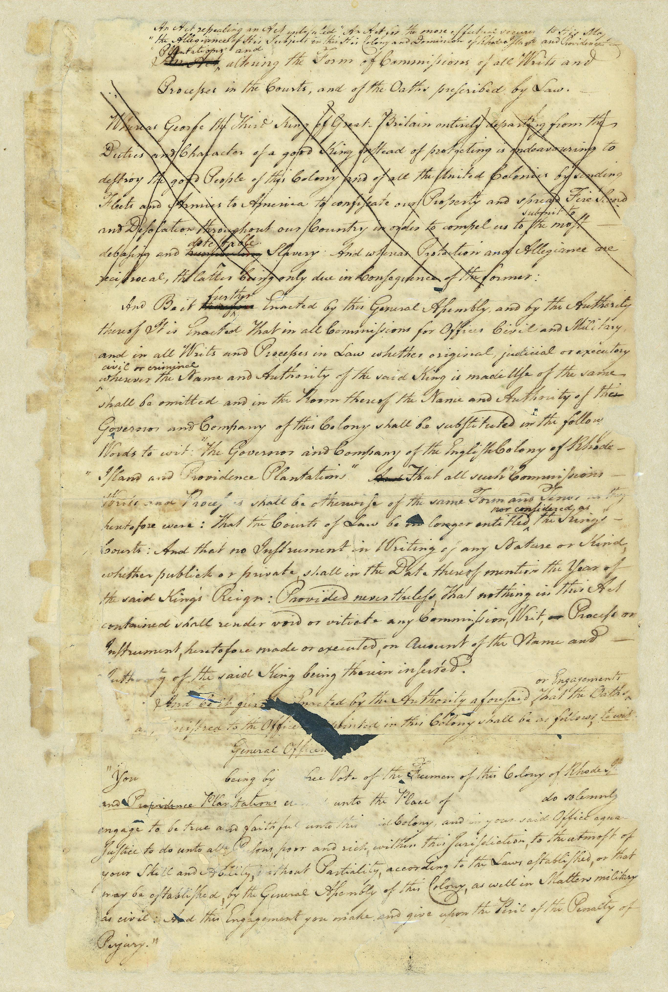 Rhode Island's Act of Renunciation, with sections redacted in the 1700s.