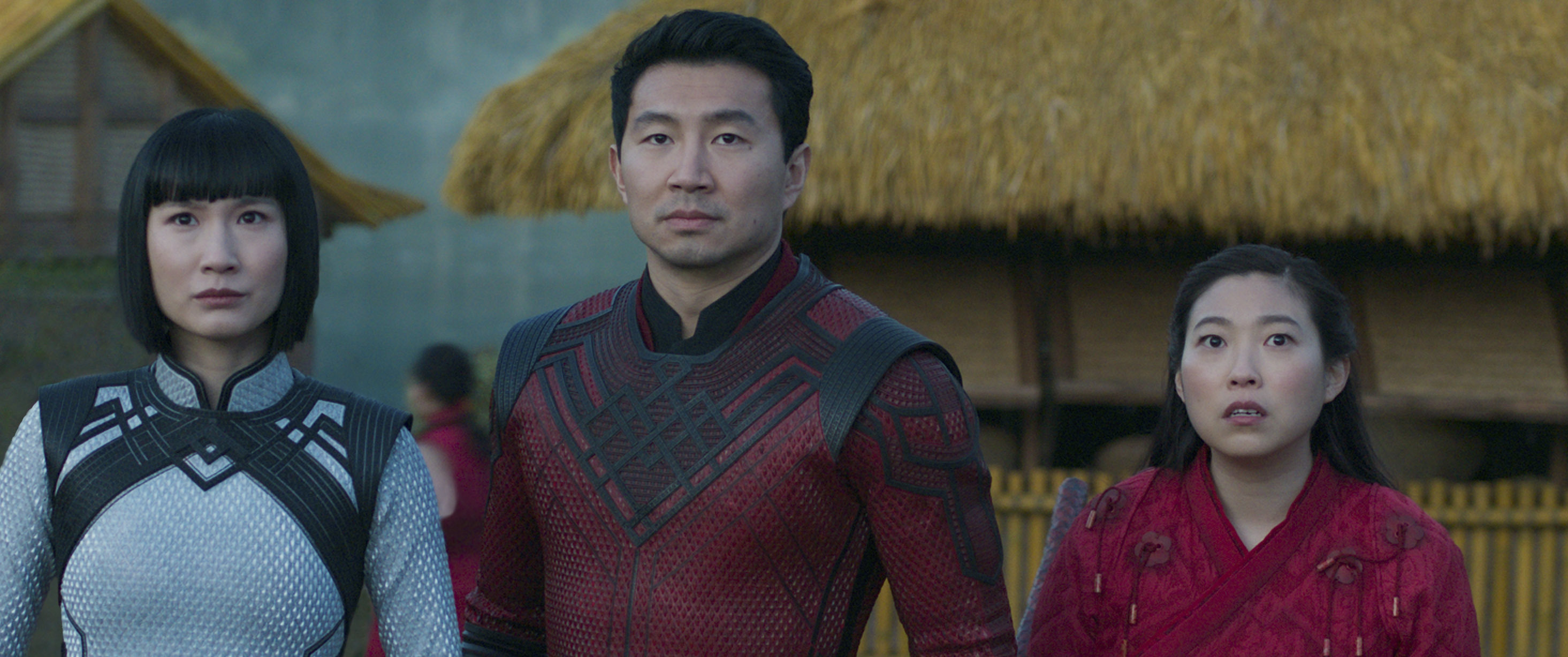 From left: Meng'er Zhang, Simu Liu, and Awkwafina in "Shang-Chi and the Legend of the Ten Rings."
