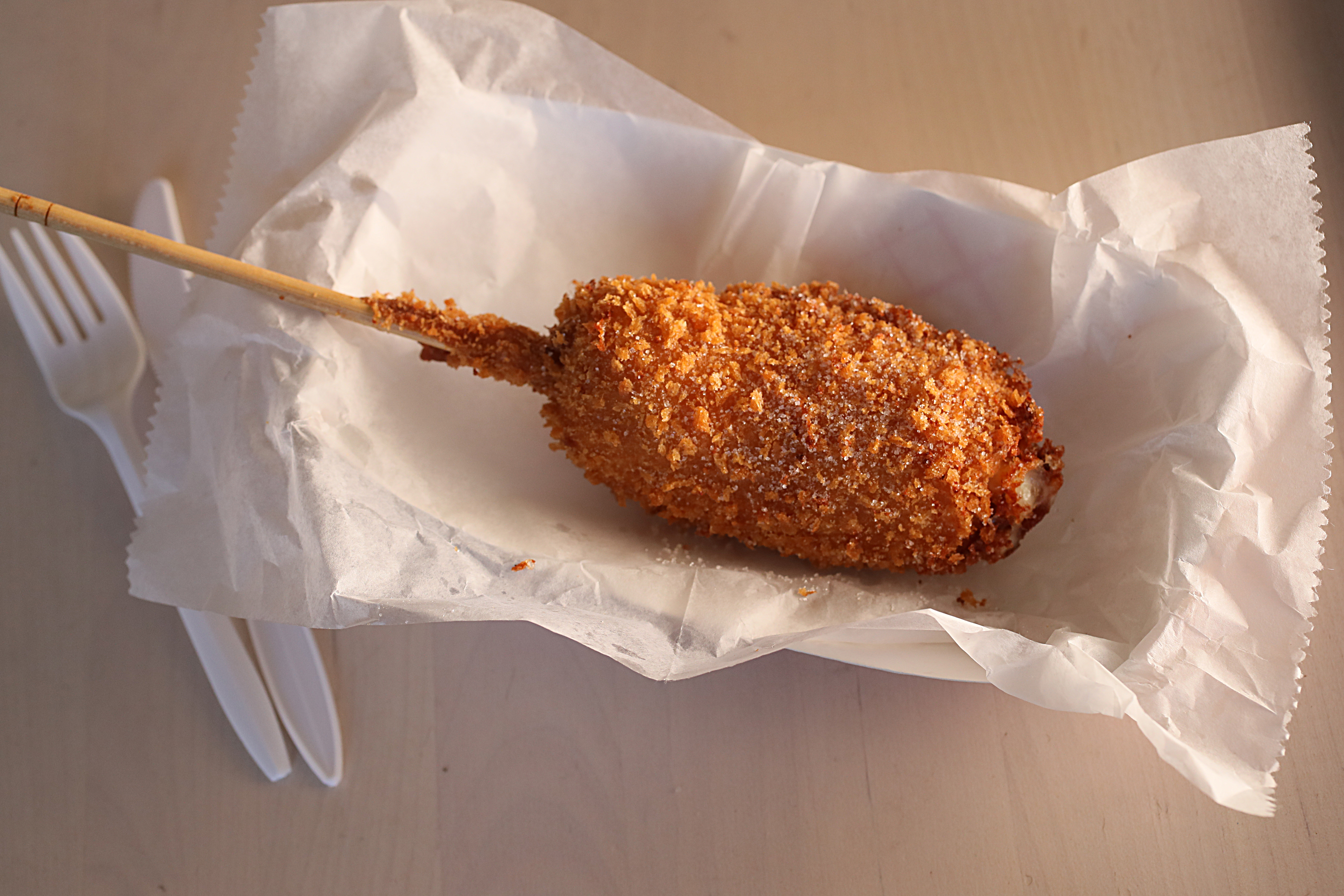 A corndog with cheese at Kimchipapi Kitchen.