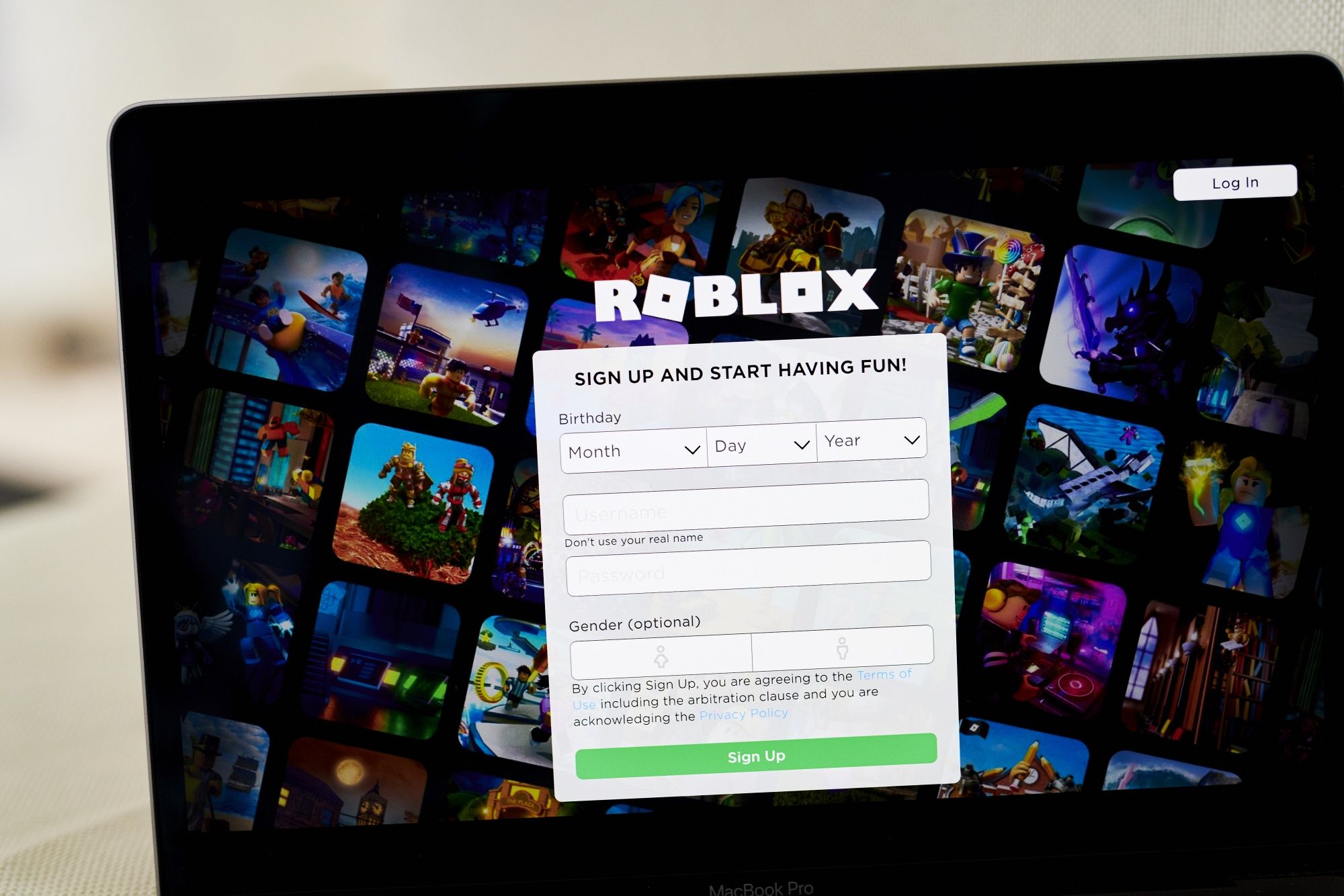 The Roblox website is displayed on a computer screen in this