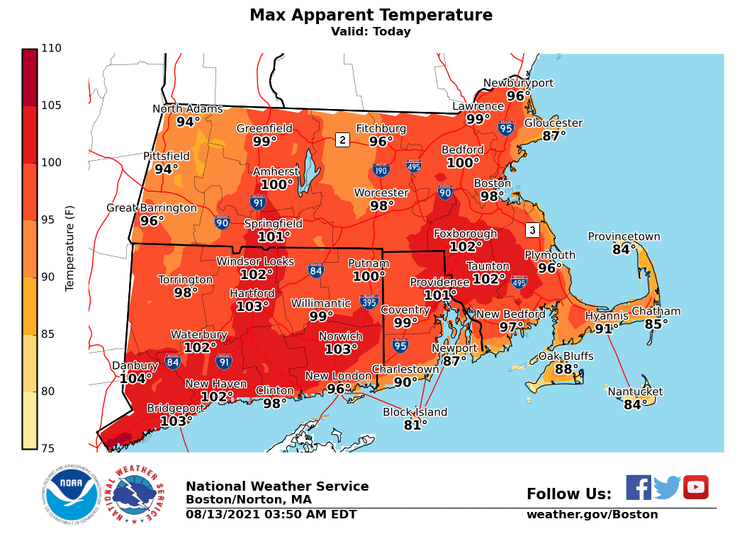 Maximum apparent temperatures on Friday.
