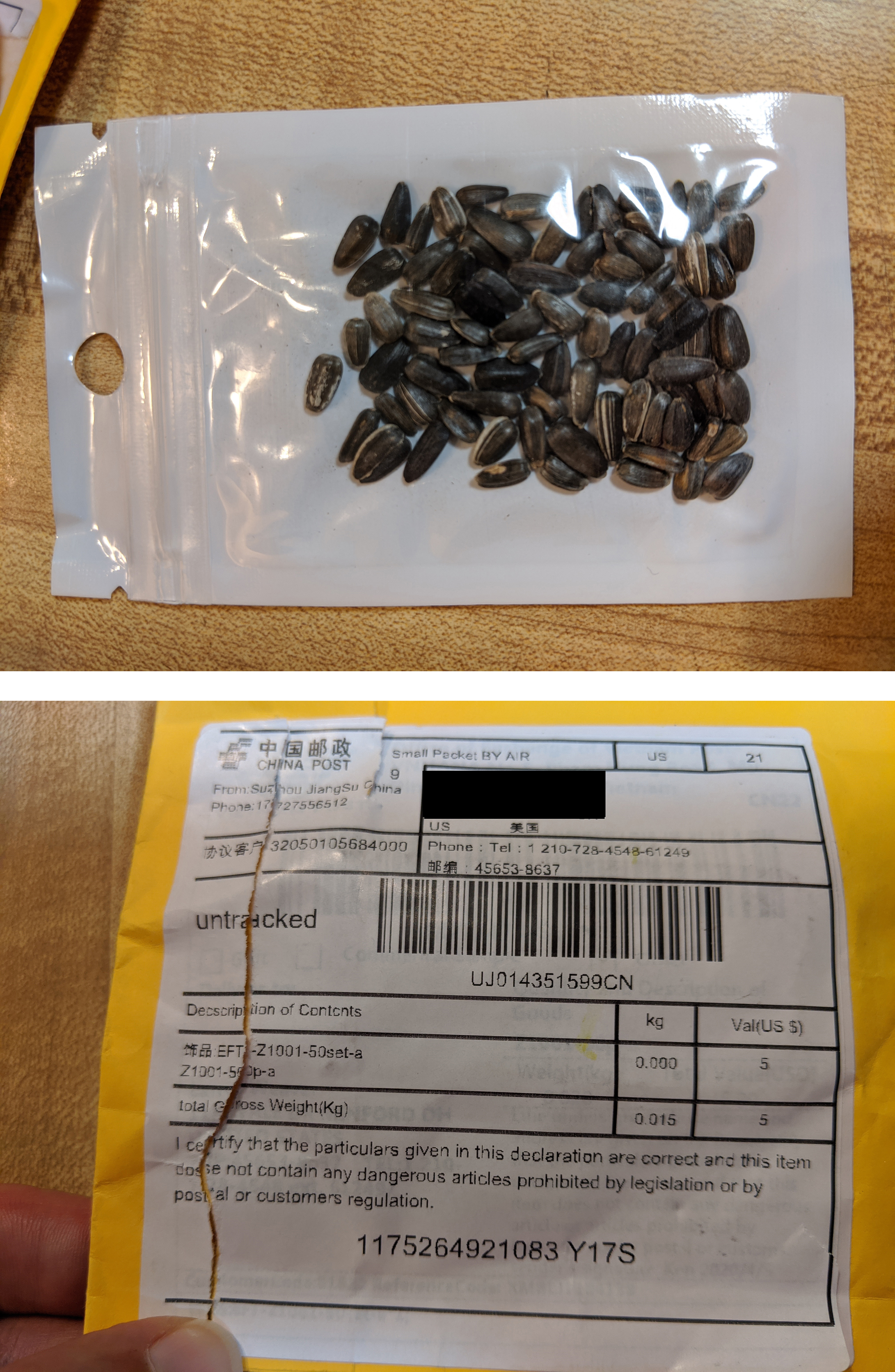 Handout combination of images released by the Ohio Department of Agriculture showing a packet of seeds and the envelope they arrived in which the department released as part of a warning about the seeds in Columbus, Ohio.
