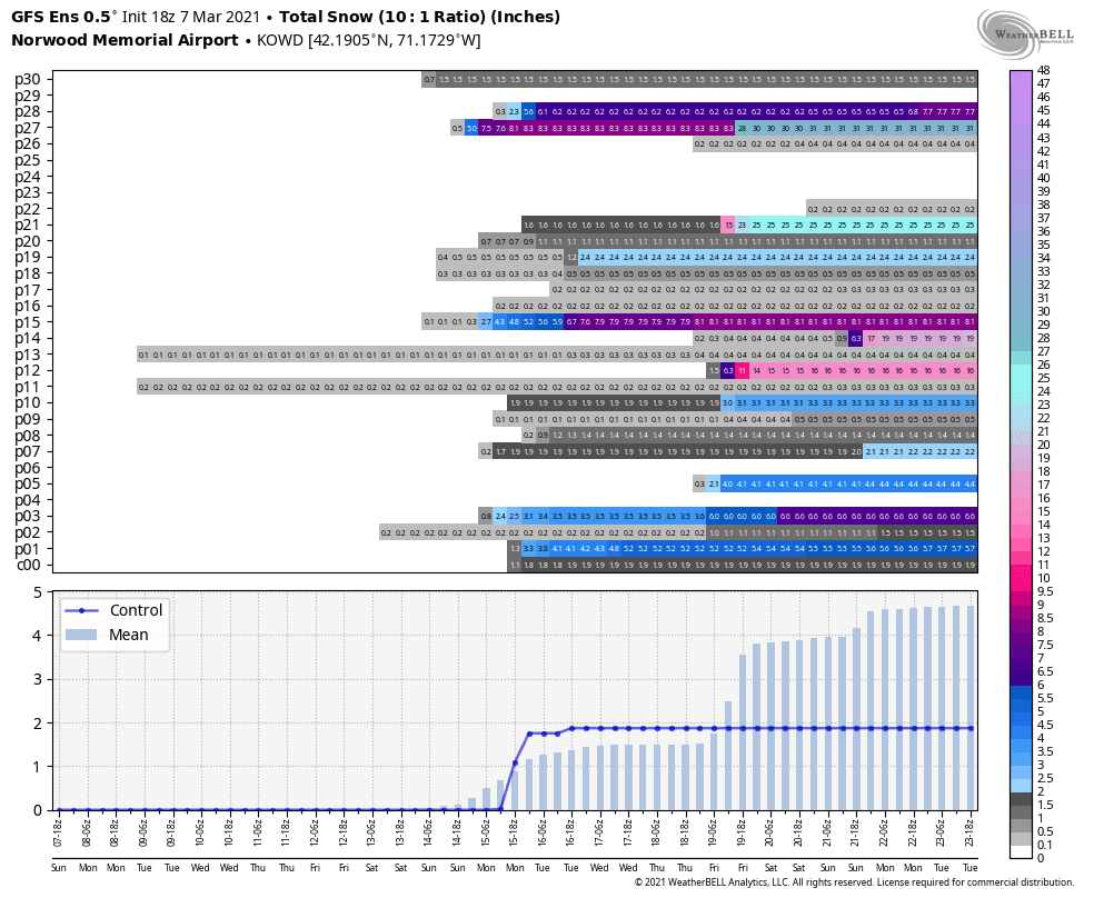 The chart above shows a suite of models and their predictions for snow through March 23.