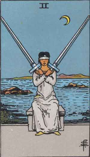 The two of swords, illustrated by Pamela Colman Smith. Her monogram is visible in the lower right corner.