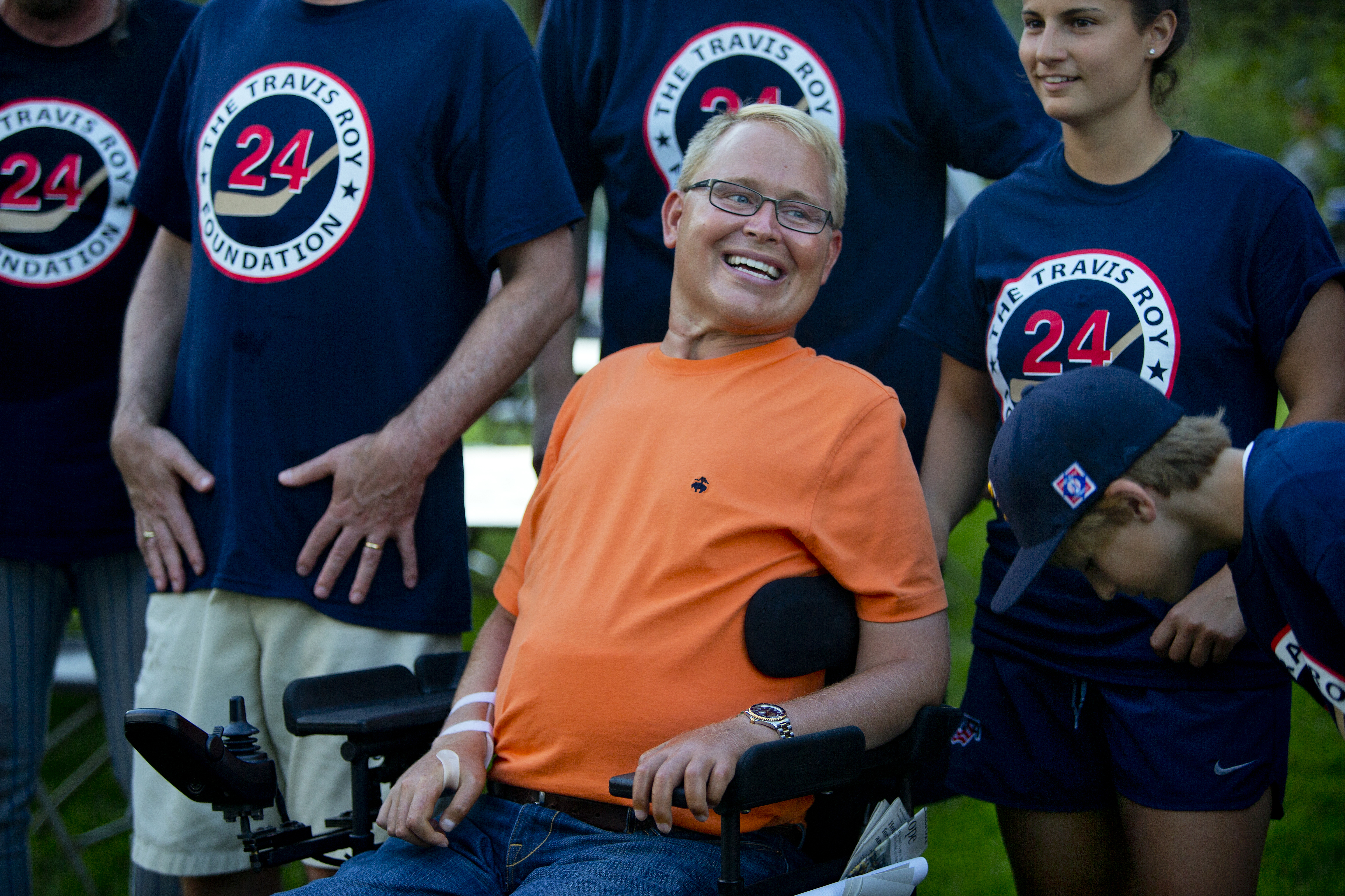 Travis Roy greeted supporters at the Travis Roy Foundation Wiffle Ball Tournament in Vermont in 2013.